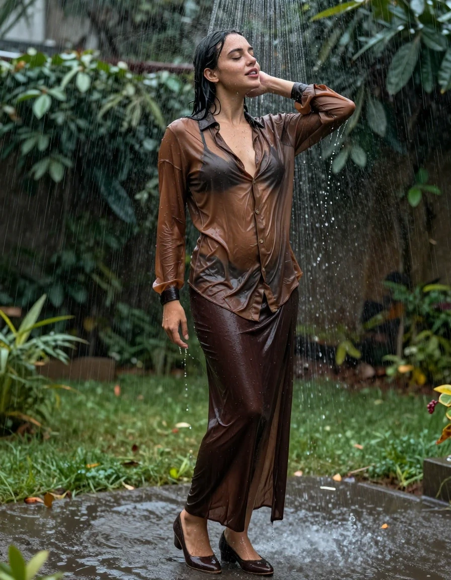 photo of young woman, in soaking wet, drenched clothes,
pumps, dark brown oversized floor-length skirt, see-through, brown oversized blouse, see-through, standing in shower, rain, 
enjoying, wet clothes stuck to body,
detailed textures of the wet clothes, wet face, wet plastered hair,
wet, drenched, professional, high-quality details, full body view.
sharp focus, ultra-high pixel detail, realistic, high-quality, full colors, incredibly detailed, 4k, 8k, 16k, hyper-realistic, RAW photo, masterpiece, ultra-detailed, professionally color graded, professional photograph, collar, long sleeves, buttoned, wet clinging hair, long hair, drenched, dripping wet, submerged, full body view, see-through, side view, wet skin, wet clothes, damp fabric