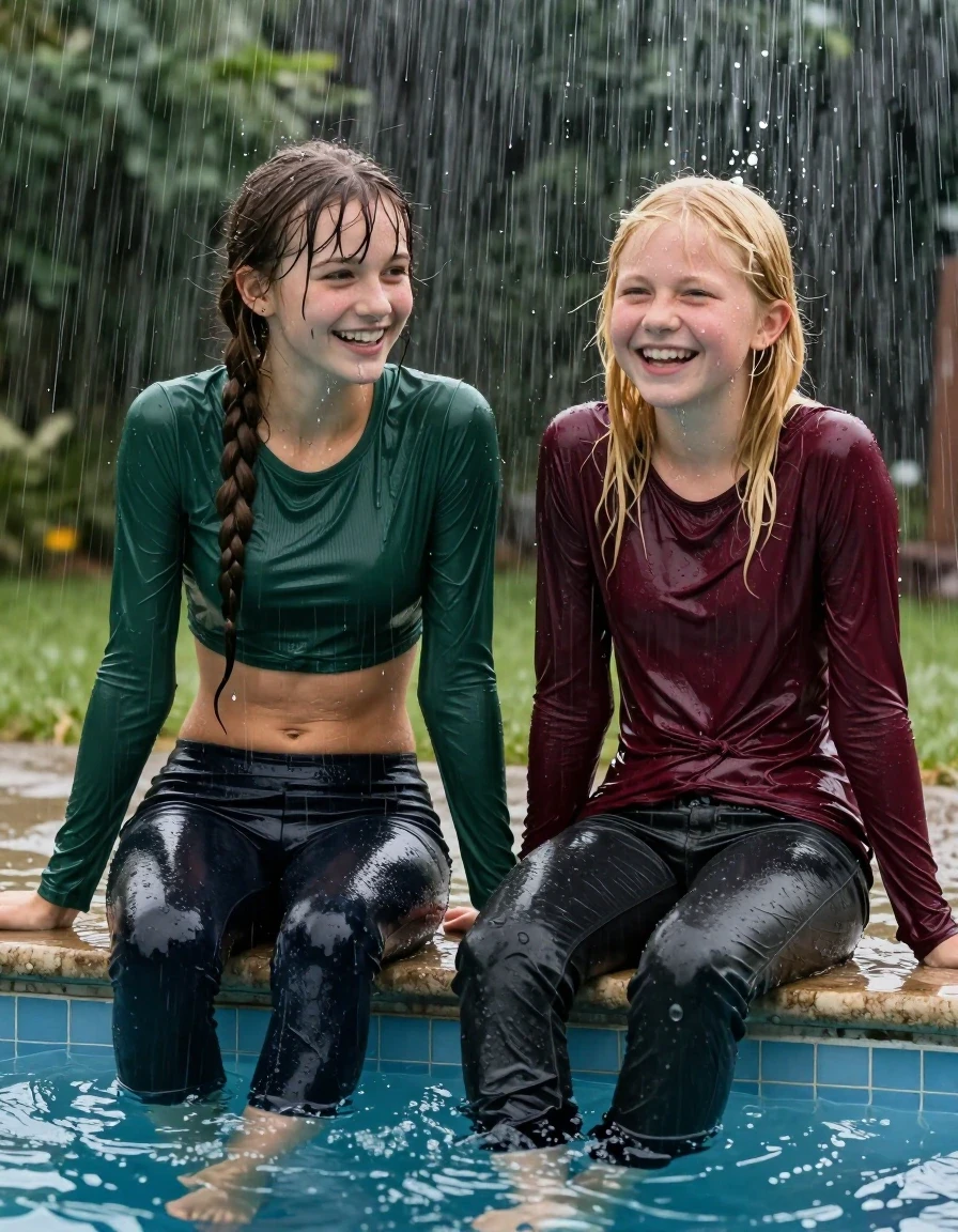 photo of young woman, in soaking wet, drenched clothes,
, , casual wear, 2 girls sitting on the edge of the pool while it pours water on them during a heavy storm, 
enjoying, wet clothes stuck to body,
detailed textures of the wet clothes, wet face, wet plastered hair,
wet, drenched, professional, high-quality details, full body view.
sharp focus, ultra-high pixel detail, realistic, high-quality, full colors, incredibly detailed, 4k, 8k, 16k, hyper-realistic, RAW photo, masterpiece, ultra-detailed, professionally color graded, professional photograph, 2 small college girls both having fun together. both similar age, a small nineteen year old girl, she is small, young, petite, with a flat and slim body, skinny body, flat and skinny chest,, a She has a wide square young face but a small very skinny waist and skinny legs, a very small chest, she is a pale brunette with a ponytail and bangs and a septum piercing, She is full of youthful energy, she wears dark leggings and a fitted soaked through long dark green ribbed long sleeve top goes down to her waist, her friend is slightly shorter, she has blonde hair, she is wearing dark colored soaked loose jeans and a long sleeve maroon top. her clothes darken from the water. She has a wide square face,, wet skin, wet clothes, damp fabric