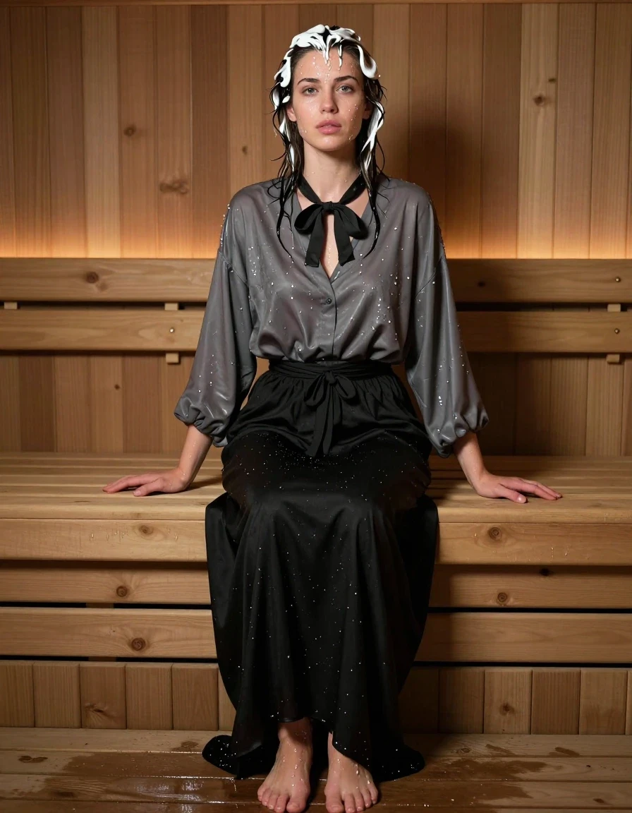 photo of young woman, in soaking wet, drenched clothes,
barefeet, black cotton floor length skirt, grey nylon long sleeved oversized blouse, bowtie, sauna, 
enjoying, wet clothes stuck to body,
detailed textures of the wet clothes, wet face, wet plastered hair,
wet, drenched, professional, high-quality details, full body view.
sharp focus, ultra-high pixel detail, realistic, high-quality, full colors, incredibly detailed, 4k, 8k, 16k, hyper-realistic, RAW photo, masterpiece, ultra-detailed, professionally color graded, professional photograph, sweaty, wet skin, wet clothes, damp fabric