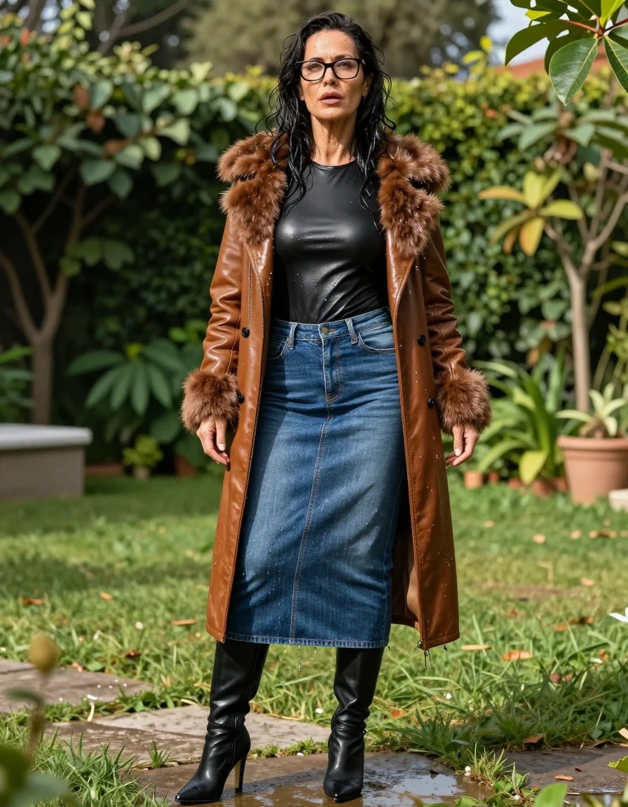 photo of young woman, in soaking wet, drenched clothes,
high heels black boots, long blue tight denim skirt, long black tight leather t-shirt, maxi brown leather byker jacket with fur, in sunny garden, enjoying wet clothes stuck body, enjoying, wet clothes stuck to body, 
enjoying, wet clothes stuck to body,
detailed textures of the wet clothes, wet face, wet plastered hair,
wet, drenched, professional, high-quality details, full body view.
sharp focus, ultra-high pixel detail, realistic, high-quality, full colors, incredibly detailed, 4k, 8k, 16k, hyper-realistic, RAW photo, masterpiece, ultra-detailed, professionally color graded, professional photograph, europen brunette skinny woman 50 years old, long dark black hair, office glasses, very big and thick lips, complete body, wet skin, wet clothes, damp fabric, wet skin, wet clothes, damp fabric, wet skin, wet clothes, damp fabric, wet skin, wet clothes, damp fabric, wet skin, wet clothes, damp fabric, wet skin, wet clothes, damp fabric, wet skin, wet clothes, damp fabric