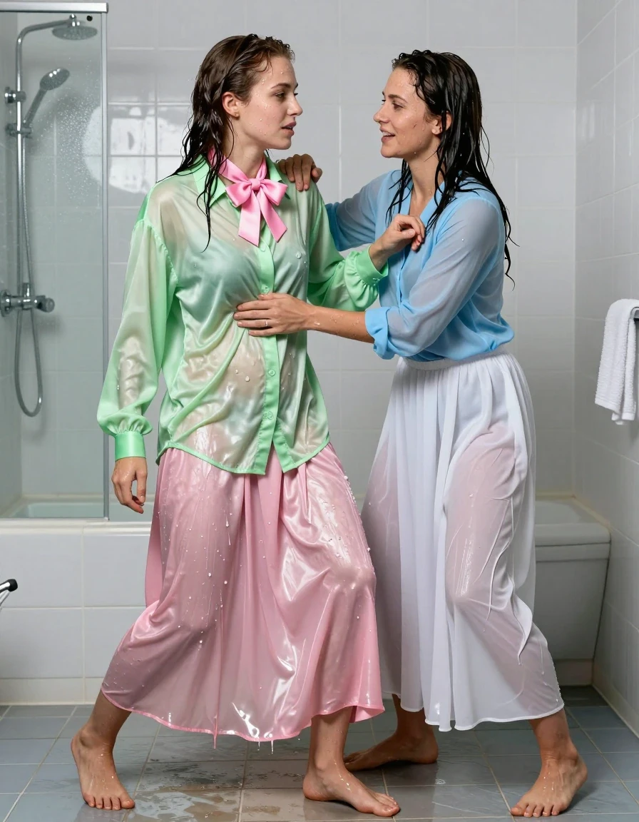photo of young woman, in soaking wet, drenched clothes,
barefeet, pink silk floor length skirt, multiple petticoats, vivid light green satin long sleeved oversized shirt, pink bowtie, in a gym shower, 
enjoying, wet clothes stuck to body,
detailed textures of the wet clothes, wet face, wet plastered hair,
wet, drenched, professional, high-quality details, full body view.
sharp focus, ultra-high pixel detail, realistic, high-quality, full colors, incredibly detailed, 4k, 8k, 16k, hyper-realistic, RAW photo, masterpiece, ultra-detailed, professionally color graded, professional photograph, 2 lesbian teachers: the other woman is wearing light blue blouse, white maxi skirt with petticoats, wrestling with each other playfully, wet skin, wet clothes, damp fabric