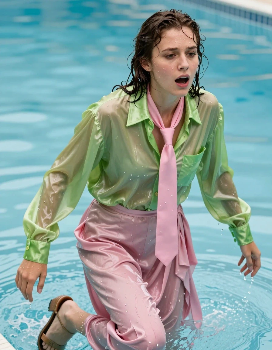 photo of young woman, in soaking wet, drenched clothes,
ruined sandals, pink silk floor length skirt, multiple petticoats, pink necktie, vivid light green satin long sleeved oversized, unbuttoned shirt, emerging from a pool gasping for air, empty, 
enjoying, wet clothes stuck to body,
detailed textures of the wet clothes, wet face, wet plastered hair,
wet, drenched, professional, high-quality details, full body view.
sharp focus, ultra-high pixel detail, realistic, high-quality, full colors, incredibly detailed, 4k, 8k, 16k, hyper-realistic, RAW photo, masterpiece, ultra-detailed, professionally color graded, professional photograph, nerdy, exhausted, disheveled, enjoying it, wet skin, wet clothes, damp fabric