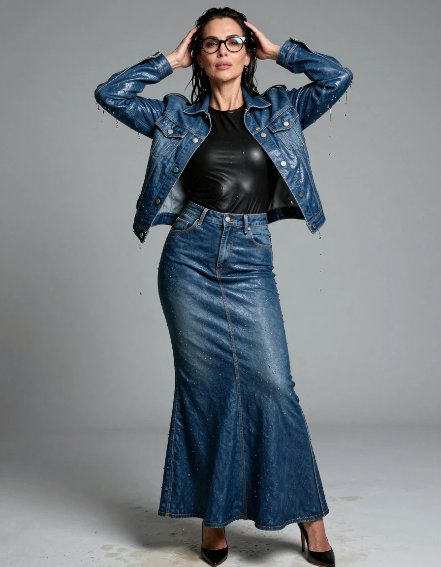 photo of young woman, in soaking wet, drenched clothes,
high heels black shoes, maxi blue flared leather denim skirt, long black tight leather t-shirt, maxi blue shiny leather denim jacket, after shower, enjoying wet clothes stuck body, enjoying, wet clothes stuck to body, 
enjoying, wet clothes stuck to body,
detailed textures of the wet clothes, wet face, wet plastered hair,
wet, drenched, professional, high-quality details, full body view.
sharp focus, ultra-high pixel detail, realistic, high-quality, full colors, incredibly detailed, 4k, 8k, 16k, hyper-realistic, RAW photo, masterpiece, ultra-detailed, professionally color graded, professional photograph, europen brunette skinny woman 50 years old, long dark black hair, office glasses, very big and thick lips, complete body, wet skin, wet clothes, damp fabric, wet skin, wet clothes, damp fabric, wet skin, wet clothes, damp fabric, wet skin, wet clothes, damp fabric, wet skin, wet clothes, damp fabric, wet skin, wet clothes, damp fabric, wet skin, wet clothes, damp fabric