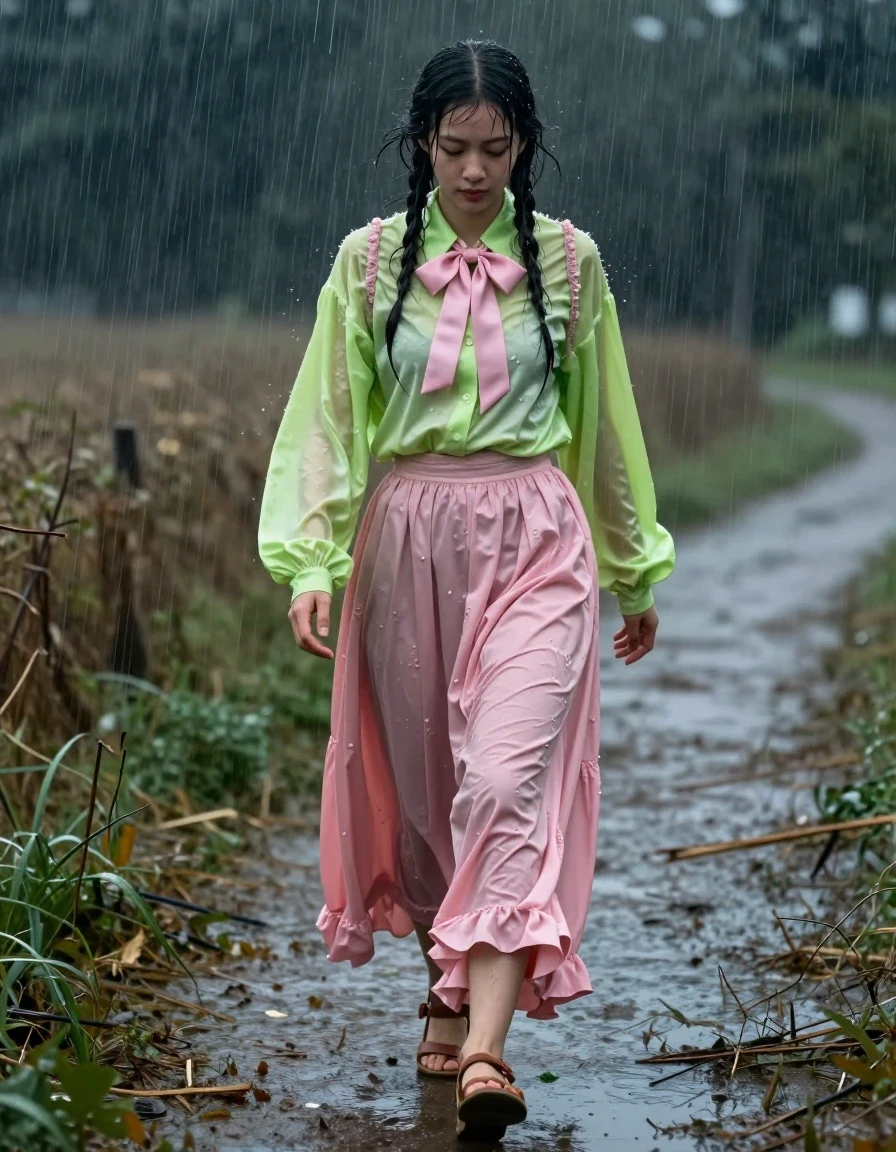 photo of young woman, in soaking wet, drenched clothes,
ruined sandals, pink silk floor length skirt, multiple petticoats, cotton vest over a vivid light green satin long sleeved oversized shirt, pink bowtie, walking home on the empty fields at night in torrential rain, 
enjoying, wet clothes stuck to body,
detailed textures of the wet clothes, wet face, wet plastered hair,
wet, drenched, professional, high-quality details, full body view.
sharp focus, ultra-high pixel detail, realistic, high-quality, full colors, incredibly detailed, 4k, 8k, 16k, hyper-realistic, RAW photo, masterpiece, ultra-detailed, professionally color graded, professional photograph, nerdy, exhausted, disheveled, enjoys the rain, wet skin, wet clothes, damp fabric