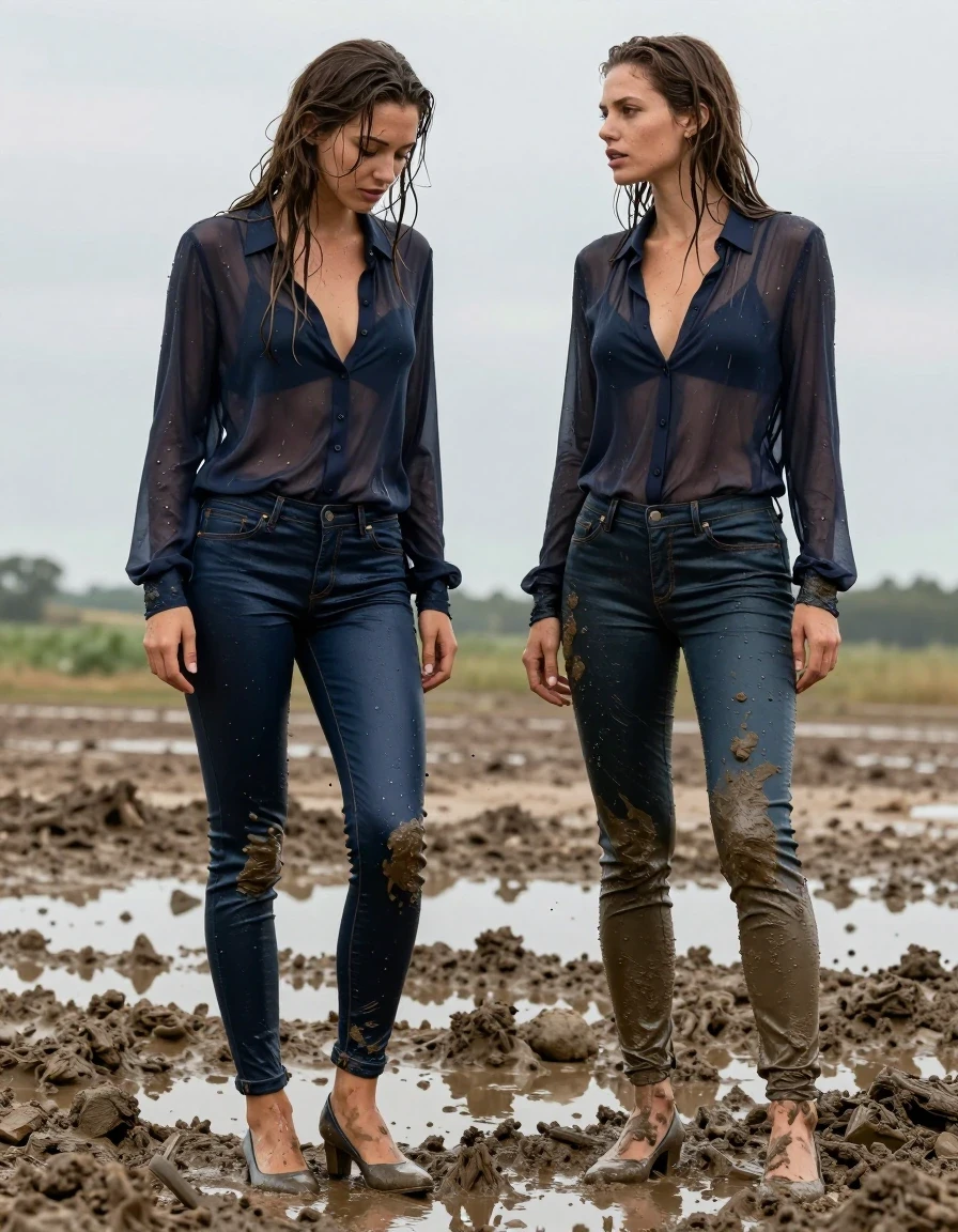 photo of young woman, in soaking wet, drenched clothes,
pumps, muddy dark blue slim floor-length silk jeans, see-through, muddy dark blue oversized long blouse, see-through, mud hole, 
enjoying, wet clothes stuck to body,
detailed textures of the wet clothes, wet face, wet plastered hair,
wet, drenched, professional, high-quality details, full body view.
sharp focus, ultra-high pixel detail, realistic, high-quality, full colors, incredibly detailed, 4k, 8k, 16k, hyper-realistic, RAW photo, masterpiece, ultra-detailed, professionally color graded, professional photograph, two women, collar, long sleeves, buttoned,muddy wet hair, long hair, muddy clothes,  full body view, see-through, side view, muddy clothes, wet skin, wet clothes, damp fabric