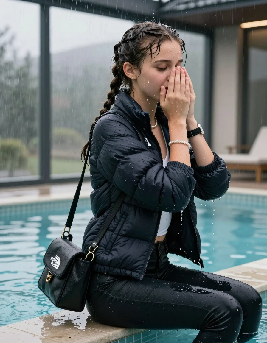 photo of young woman, in soaking wet, drenched clothes,
, Dark skinny jeans,  north face puffer down jacket, Open jacket, tight v-neck sweater, shoulderbag, pearl necklace, bracelet, wristwatch, Steaming indoor jacuzzi , 
enjoying, wet clothes stuck to body,
detailed textures of the wet clothes, wet face, wet plastered hair,
wet, drenched, professional, high-quality details, full body view.
sharp focus, ultra-high pixel detail, realistic, high-quality, full colors, incredibly detailed, 4k, 8k, 16k, hyper-realistic, RAW photo, masterpiece, ultra-detailed, professionally color graded, professional photograph, A realistic vertical fashion photograph taken from a backward, behind-the-back angle of a 15-year-old teenage girl sitting  in a glass-walled outdoor swimming pool, facing to the camera to show her back. She is tilting her head at camera, letting the water drench her hair so it is glued flat against her head and body. She has two long braids , completely saturated and dripping wet hair, with water cascading down her face and neck. Afraid and astonished expression. cover her nose with her hands. open mouth, closed eyes. The lighting is bright and cinematic, highlighting the glistening water droplets on her skin and the saturated texture of her  casual clothes. Outside the large glass wall of the pool building, heavy rain is visible falling against the window. Soft, moody indoor lighting with reflections on the water. High-quality fashion photography style.
her clothing is soaking wet and clinging tightly to her skin, showing heavy wet folds, darkened fabric texture, and deep water-saturated Patches, her clothes are heavy from the water, water runs from her body and her clothes in streams. A lot of water also runs out of her clothes. Her clothes are darkened by the water. 
hyper-realistic wetness, high-contrast water sheen, sharp focus, 16k resolution, professional photography, realistic water physics., wet skin, wet clothes, damp fabric, wet skin, wet clothes, damp fabric, wet skin, wet clothes, damp fabric, wet skin, wet clothes, damp fabric, wet skin, wet clothes, damp fabric, wet skin, wet clothes, damp fabric, wet skin, wet clothes, damp fabric, wet skin, wet clothes, damp fabric, wet skin, wet clothes, damp fabric, wet skin, wet clothes, damp fabric, wet skin, wet clothes, damp fabric, wet skin, wet clothes, damp fabric, wet skin, wet clothes, damp fabric, wet skin, wet clothes, damp fabric, wet skin, wet clothes, damp fabric