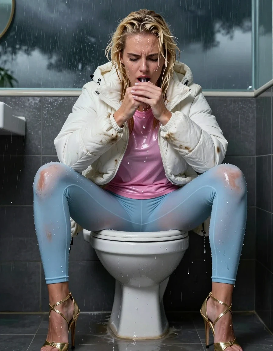 photo of young woman, in soaking wet, drenched clothes,
Strappy gold stilettos, Dirty pale blue leggings , Very dirty white puffer jacket , shiny pink t-shirt , On toilet, legs apart, pissing, 
enjoying, wet clothes stuck to body,
detailed textures of the wet clothes, wet face, wet plastered hair,
wet, drenched, professional, high-quality details, full body view.
sharp focus, ultra-high pixel detail, realistic, high-quality, full colors, incredibly detailed, 4k, 8k, 16k, hyper-realistic, RAW photo, masterpiece, ultra-detailed, professionally color graded, professional photograph, Blonde, in thunder storm, wet skin, wet clothes, wet skin, wet clothes, damp fabric