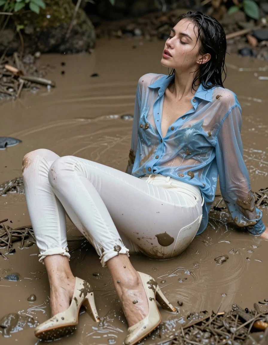 photo of young woman, in soaking wet, drenched clothes,
pumps, muddy white slim floor-length silk jeans, see-through, muddy light blue oversized long blouse, see-through, mud shower, 
enjoying, wet clothes stuck to body,
detailed textures of the wet clothes, wet face, wet plastered hair,
wet, drenched, professional, high-quality details, full body view.
sharp focus, ultra-high pixel detail, realistic, high-quality, full colors, incredibly detailed, 4k, 8k, 16k, hyper-realistic, RAW photo, masterpiece, ultra-detailed, professionally color graded, professional photograph, lying in muddy pool, collar, long sleeves, buttoned, muddy wet hair, long hair, muddy clothes,  full body view, see-through, side view, muddy clothes, drenched clothes, shower, wet skin, wet clothes, damp fabric