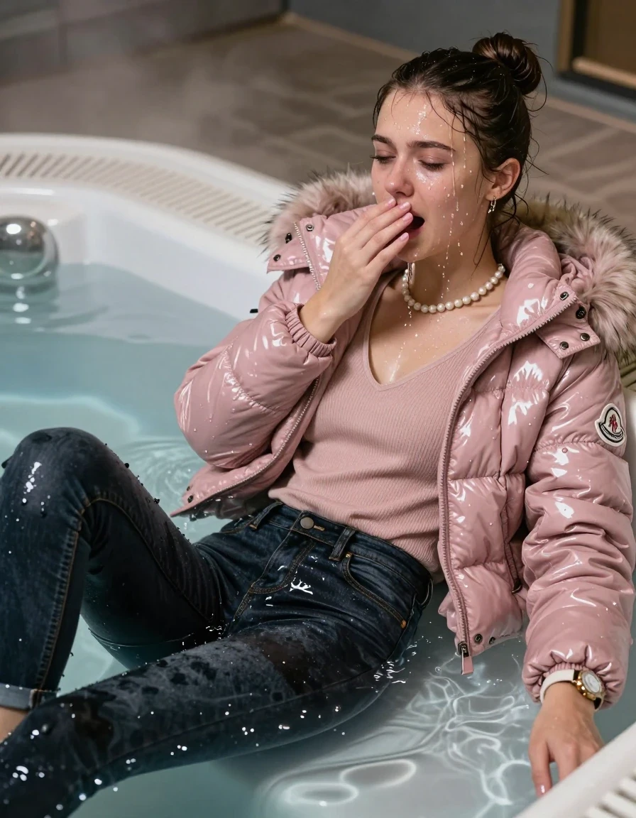 photo of young woman, in soaking wet, drenched clothes,
, Dark skinny jeans, Light pink Moncler shiny puffer down jacket with fur, Open jacket, tight v-neck sweater, shoulderbag, pearl necklace, bracelet, wristwatch, Steaming indoor jacuzzi , 
enjoying, wet clothes stuck to body,
detailed textures of the wet clothes, wet face, wet plastered hair,
wet, drenched, professional, high-quality details, full body view.
sharp focus, ultra-high pixel detail, realistic, high-quality, full colors, incredibly detailed, 4k, 8k, 16k, hyper-realistic, RAW photo, masterpiece, ultra-detailed, professionally color graded, professional photograph, A realistic vertical fashion photograph taken from a backward, behind-the-back angle of a 15-year-old teenage girl lying in a steaming indoor jacuzzi, facing away from the camera to show her back. She is tilting her head at camera, letting the water drench her hair so it is glued flat against her head and body. She has a sleek bun , completely saturated and dripping wet hair, with water cascading down her face and neck, crying and astonished expression. Hold her hand over her mouth. open mouth, half closed eyes. The lighting is bright and cinematic, highlighting the glistening water droplets on her skin and the saturated texture of her  casual clothes.  half closed eyes. 
her clothing is soaking wet and clinging tightly to her skin, showing heavy wet folds, darkened fabric texture, and deep water-saturated Patches, her clothes are heavy from the water, water runs from her body and her clothes in streams. A lot of water also runs out of her clothes. Her clothes are darkened by the water. 
hyper-realistic wetness, high-contrast water sheen, sharp focus, 16k resolution, professional photography, realistic water physics., wet skin, wet clothes, damp fabric, wet skin, wet clothes, damp fabric, wet skin, wet clothes, damp fabric, wet skin, wet clothes, damp fabric, wet skin, wet clothes, damp fabric, wet skin, wet clothes, damp fabric, wet skin, wet clothes, damp fabric, wet skin, wet clothes, damp fabric, wet skin, wet clothes, damp fabric, wet skin, wet clothes, damp fabric, wet skin, wet clothes, damp fabric, wet skin, wet clothes, damp fabric, wet skin, wet clothes, damp fabric
