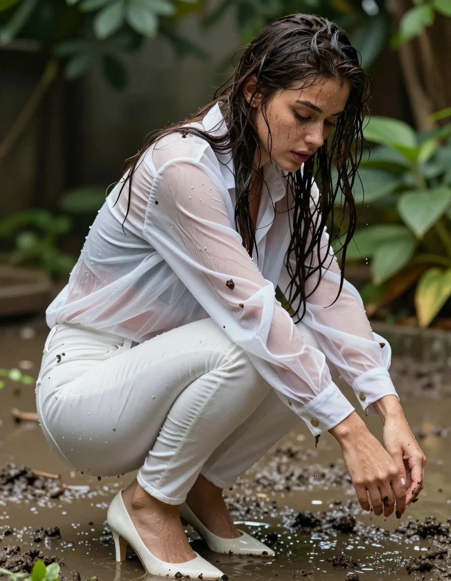 photo of young woman, in soaking wet, drenched clothes,
pumps, dark white slim floor-length silk jeans, see-through, dark white oversized long blouse, see-through, garden, mud shower, 
enjoying, wet clothes stuck to body,
detailed textures of the wet clothes, wet face, wet plastered hair,
wet, drenched, professional, high-quality details, full body view.
sharp focus, ultra-high pixel detail, realistic, high-quality, full colors, incredibly detailed, 4k, 8k, 16k, hyper-realistic, RAW photo, masterpiece, ultra-detailed, professionally color graded, professional photograph, collar, long sleeves, buttoned,muddy wet clinging hair, long hair, drenched, dripping wet and muddy, submerged, full body view, see-through, side view, muddy clothes, wet skin, wet clothes, damp fabric