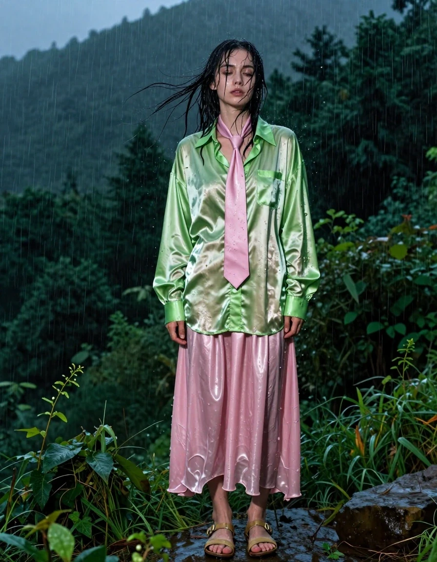 photo of young woman, in soaking wet, drenched clothes,
ruined sandals, pink silk floor length skirt, multiple petticoats, pink necktie, vivid light green satin long sleeved oversized, unbuttoned shirt, in a lush forest on a mountain at night in torrential rain, 
enjoying, wet clothes stuck to body,
detailed textures of the wet clothes, wet face, wet plastered hair,
wet, drenched, professional, high-quality details, full body view.
sharp focus, ultra-high pixel detail, realistic, high-quality, full colors, incredibly detailed, 4k, 8k, 16k, hyper-realistic, RAW photo, masterpiece, ultra-detailed, professionally color graded, professional photograph, nerdy, exhausted, disheveled, wind is blowing her shirt, wet skin, wet clothes, damp fabric