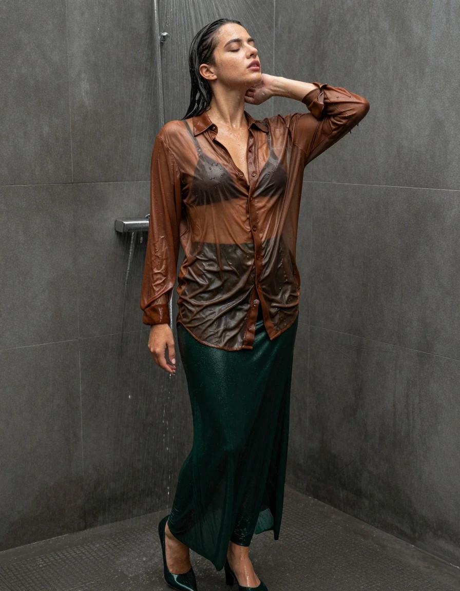 photo of young woman, in soaking wet, drenched clothes,
pumps, dark green oversized floor-length skirt, see-through, brown oversized floor-length blouse, see-through, standing in shower, rain, 
enjoying, wet clothes stuck to body,
detailed textures of the wet clothes, wet face, wet plastered hair,
wet, drenched, professional, high-quality details, full body view.
sharp focus, ultra-high pixel detail, realistic, high-quality, full colors, incredibly detailed, 4k, 8k, 16k, hyper-realistic, RAW photo, masterpiece, ultra-detailed, professionally color graded, professional photograph, collar, long sleeves, buttoned, wet clinging hair, long hair, drenched, dripping wet, submerged, full body view, see-through, side view, wet skin, wet clothes, damp fabric