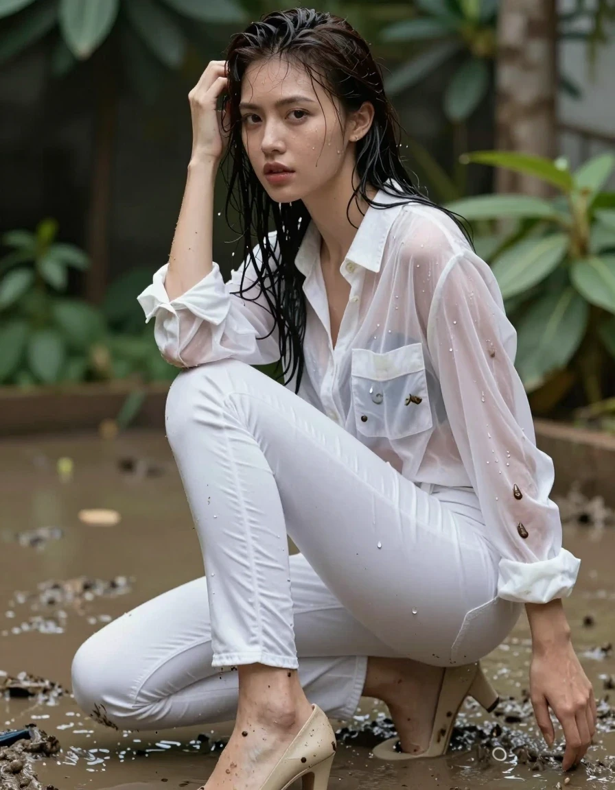 photo of young woman, in soaking wet, drenched clothes,
pumps, dark white slim floor-length silk jeans, see-through, dark white oversized long blouse, see-through, garden, mud shower, 
enjoying, wet clothes stuck to body,
detailed textures of the wet clothes, wet face, wet plastered hair,
wet, drenched, professional, high-quality details, full body view.
sharp focus, ultra-high pixel detail, realistic, high-quality, full colors, incredibly detailed, 4k, 8k, 16k, hyper-realistic, RAW photo, masterpiece, ultra-detailed, professionally color graded, professional photograph, collar, long sleeves, buttoned,muddy wet hair, long hair, muddy clothes, submerged, full body view, see-through, side view, muddy clothes, wet skin, wet clothes, damp fabric