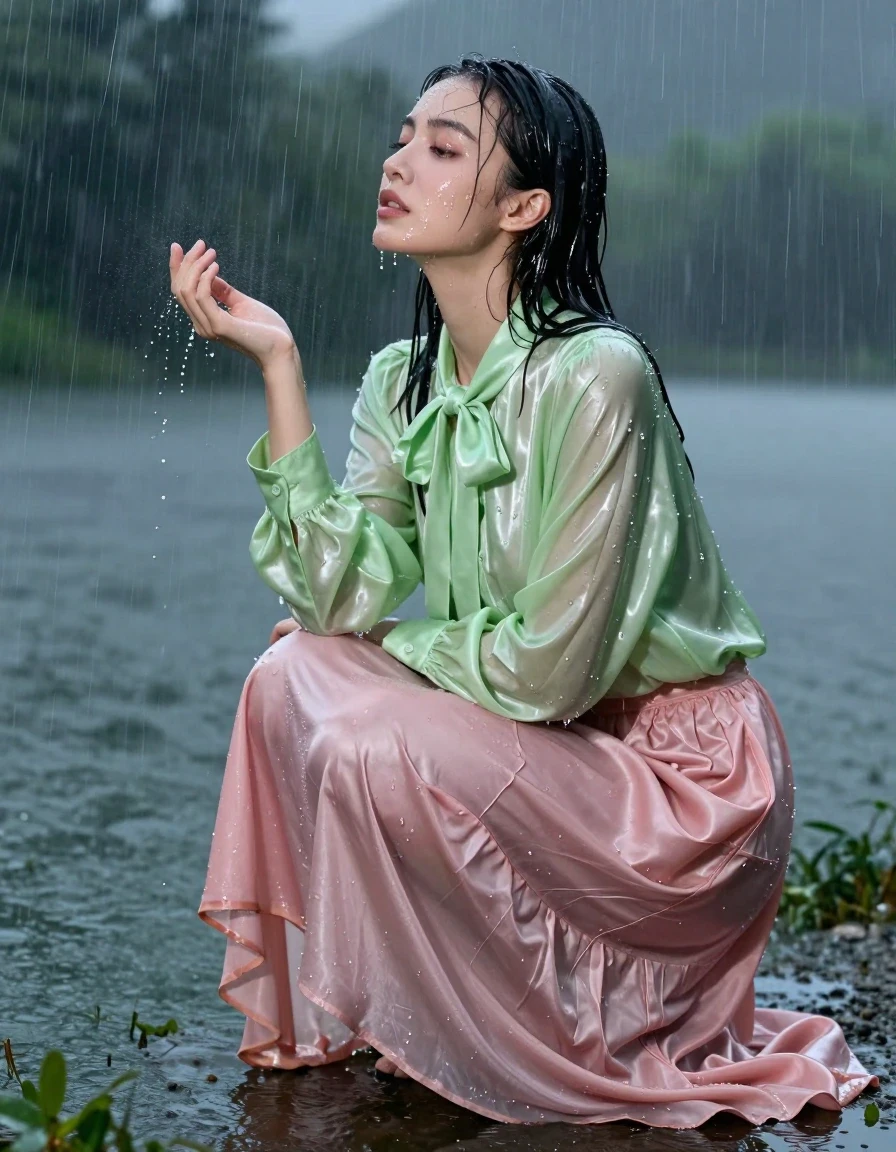 photo of young woman, in soaking wet, drenched clothes,
barefeet, pink silk floor length skirt, multiple petticoats, vivid light green satin long sleeved oversized shirt, bowtie, next to a lake at night, during torrential downpour and huge winds, 
enjoying, wet clothes stuck to body,
detailed textures of the wet clothes, wet face, wet plastered hair,
wet, drenched, professional, high-quality details, full body view.
sharp focus, ultra-high pixel detail, realistic, high-quality, full colors, incredibly detailed, 4k, 8k, 16k, hyper-realistic, RAW photo, masterpiece, ultra-detailed, professionally color graded, professional photograph, nerdy,caught in the storm, on her knees, enjoys the rain, wet skin, wet clothes, damp fabric, wet skin, wet clothes, damp fabric