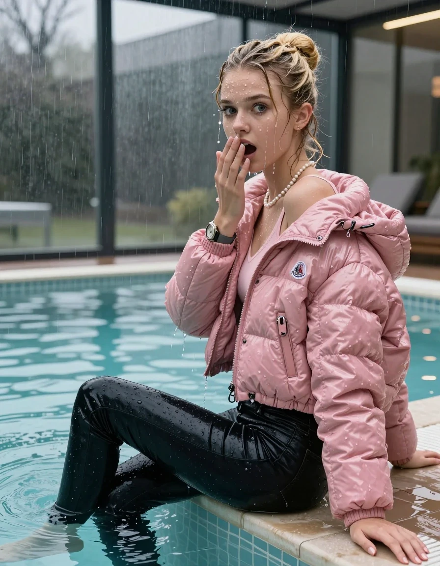 photo of young woman, in soaking wet, drenched clothes,
, Dark skinny jeans, Pink moncler shiny puffer down jacket, Open jacket, tight v-neck sweater, shoulderbag, pearl necklace, bracelet, wristwatch, Steaming indoor jacuzzi , 
enjoying, wet clothes stuck to body,
detailed textures of the wet clothes, wet face, wet plastered hair,
wet, drenched, professional, high-quality details, full body view.
sharp focus, ultra-high pixel detail, realistic, high-quality, full colors, incredibly detailed, 4k, 8k, 16k, hyper-realistic, RAW photo, masterpiece, ultra-detailed, professionally color graded, professional photograph, A realistic vertical fashion photograph taken from a backward, behind-the-back angle of a 15-year-old teenage girl sitting  in a glass-walled outdoor swimming pool and dive into the water, facing to the camera to show her back. She is tilting her head at camera, letting the water drench her hair so it is glued flat against her head and body. She has blonde sleek bun  completely saturated and dripping wet hair, with water cascading down her face and neck. Afraid and astonished expression. open mouth, big eyes. She holds a Hand over her mouth. The lighting is bright and cinematic, highlighting the glistening water droplets on her skin and the saturated texture of her  casual clothes. Outside the large glass wall of the pool building, heavy rain is visible falling against the window. Soft, moody indoor lighting with reflections on the water. High-quality fashion photography style.
her clothing is soaking wet and clinging tightly to her skin, showing heavy wet folds, darkened fabric texture, and deep water-saturated Patches, her clothes are heavy from the water, water runs from her body and her clothes in streams. A lot of water also runs out of her clothes. Her clothes are darkened by the water. 
hyper-realistic wetness, high-contrast water sheen, sharp focus, 16k resolution, professional photography, realistic water physics., wet skin, wet clothes, damp fabric, wet skin, wet clothes, damp fabric, wet skin, wet clothes, damp fabric, wet skin, wet clothes, damp fabric, wet skin, wet clothes, damp fabric, wet skin, wet clothes, damp fabric, wet skin, wet clothes, damp fabric, wet skin, wet clothes, damp fabric, wet skin, wet clothes, damp fabric, wet skin, wet clothes, damp fabric, wet skin, wet clothes, damp fabric, wet skin, wet clothes, damp fabric, wet skin, wet clothes, damp fabric, wet skin, wet clothes, damp fabric, wet skin, wet clothes, damp fabric, wet skin, wet clothes, damp fabric