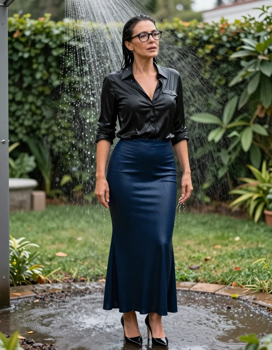 photo of young woman, in soaking wet, drenched clothes,
high heels black shoes, maxi dark blue flared skirt, long black silk satin shirt, in garden, after shower in sprinklers, enjoying wet clothes stuck body, enjoying, wet clothes stuck to body, 
enjoying, wet clothes stuck to body,
detailed textures of the wet clothes, wet face, wet plastered hair,
wet, drenched, professional, high-quality details, full body view.
sharp focus, ultra-high pixel detail, realistic, high-quality, full colors, incredibly detailed, 4k, 8k, 16k, hyper-realistic, RAW photo, masterpiece, ultra-detailed, professionally color graded, professional photograph, europen brunette skinny woman 50 years old, long dark black hair, office glasses, very big and thick lips, complete body, wet skin, wet clothes, damp fabric, wet skin, wet clothes, damp fabric, wet skin, wet clothes, damp fabric, wet skin, wet clothes, damp fabric, wet skin, wet clothes, damp fabric, wet skin, wet clothes, damp fabric, wet skin, wet clothes, damp fabric