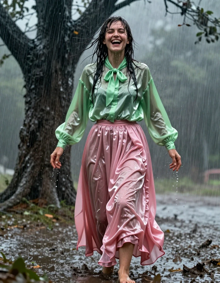 A photorealistic, highly detailed shot of a young adult European woman with a nerdy aesthetic, caught in a torrential downpour and gale-force winds under a massive, storm-lashed tree. She is wearing a vivid light green satin long-sleeved oversized shirt with a bowtie, and a pink silk floor-length skirt layered over multiple petticoats. The fabric is thoroughly soaked, clinging to her body, with the silk and satin materials appearing heavy, translucent, and darkened by the water, showing deep folds and a high-sheen, wet-look texture. She is barefoot, with her feet pressed into the muddy, rain-slicked earth. Her hair is plastered to her face and shoulders, and her skin glistens with intense water sheen and rivulets of rain. Her expression is one of overwhelming, intense pleasure, captured in a moment of ecstatic orgasm despite the harsh weather. The environment is chaotic with blowing leaves and heavy rain streaks, dramatic storm lighting, high-contrast atmospheric depth, 8k resolution, cinematic composition, hyper-realistic skin textures, and wet-look fabric physics.