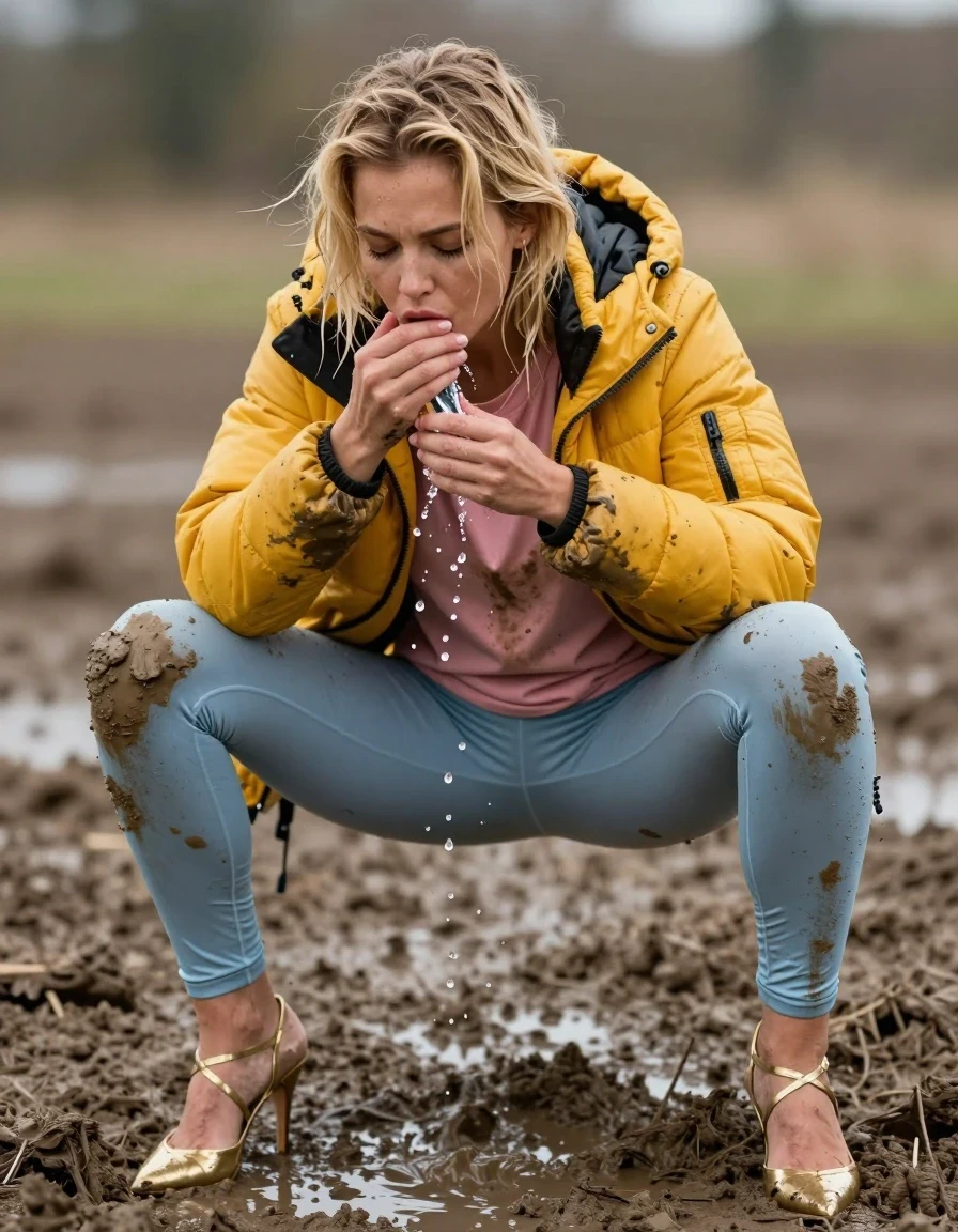 photo of young woman, in soaking wet, drenched clothes,
Strappy gold stilettos, Dirty pale blue leggings , Very muddy yellow puffer jacket , dirty pink t-shirt , In deep mud, legs apart, peeing in clothes , 
enjoying, wet clothes stuck to body,
detailed textures of the wet clothes, wet face, wet plastered hair,
wet, drenched, professional, high-quality details, full body view.
sharp focus, ultra-high pixel detail, realistic, high-quality, full colors, incredibly detailed, 4k, 8k, 16k, hyper-realistic, RAW photo, masterpiece, ultra-detailed, professionally color graded, professional photograph, Blonde, wet skin, wet clothes, damp fabric