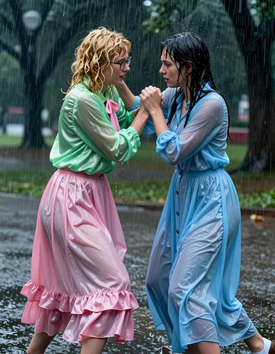 A cinematic, photorealistic scene of two young adult European women wrestling in an empty park during a torrential downpour at night. The first woman has blonde curly hair and wears glasses, dressed in a vivid light green satin long-sleeved oversized shirt with a pink bowtie, paired with a pink silk floor-length skirt layered over multiple petticoats. The second woman is a brunette wearing a light blue long-sleeved buttoned-down maxi dress. Both women are thoroughly drenched, with wet skin, soaked hair, and clothes clinging to their bodies, displaying heavy wet folds and a distinct water sheen. The fabrics are deeply saturated, darker in color, and translucent where soaked. The park environment is dark and stormy, with heavy rain streaks visible in the air and reflective puddles on the ground. The lighting is moody and dramatic, catching the highlights of the wet skin and the slick textures of the soaked silk and satin. High-detail, sharp focus, 8k resolution, captured on 35mm lens, intense dynamic movement, realistic water physics.