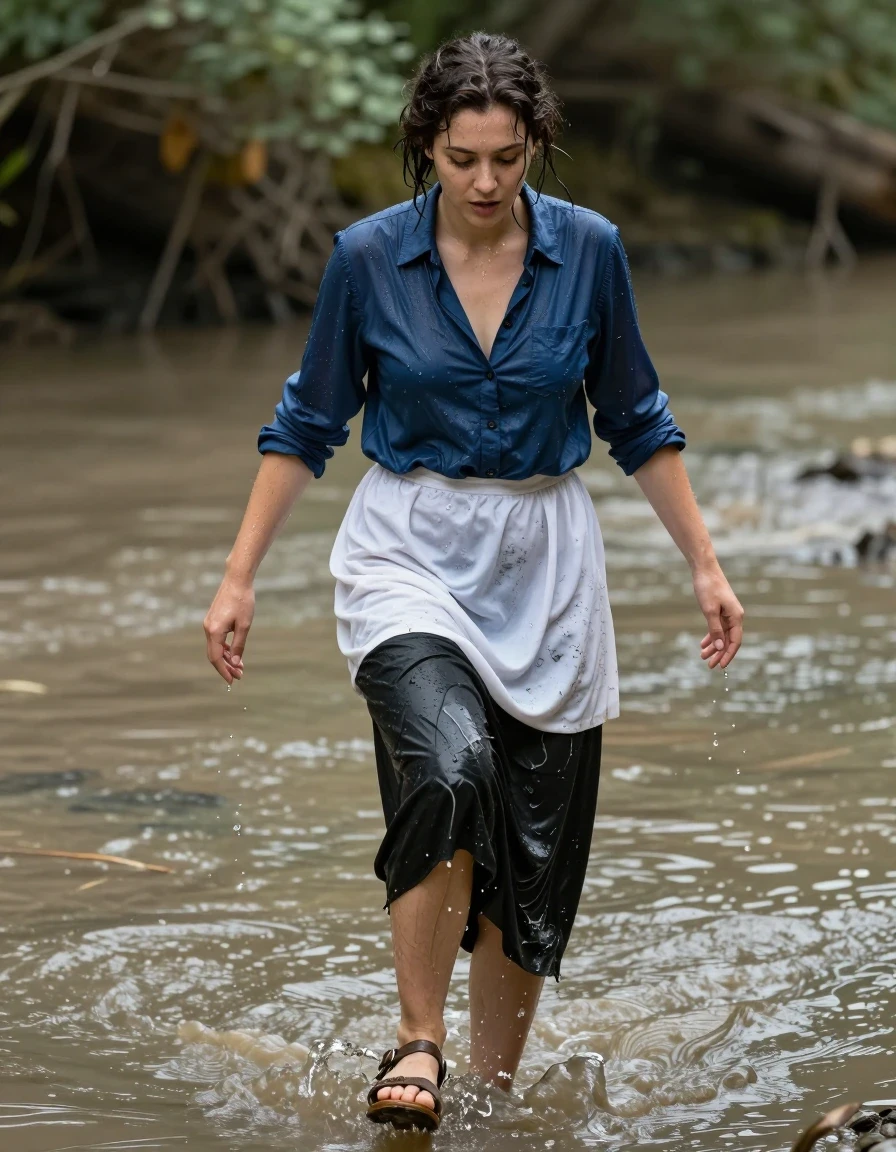 photo of young woman, in soaking wet, drenched clothes,
ruined sandals, floor-length cotton black skirt. white petticoat, deep blue men's buttoned-down shirt, trampling in a muddy river, 
enjoying, wet clothes stuck to body,
detailed textures of the wet clothes, wet face, wet plastered hair,
wet, drenched, professional, high-quality details, full body view.
sharp focus, ultra-high pixel detail, realistic, high-quality, full colors, incredibly detailed, 4k, 8k, 16k, hyper-realistic, RAW photo, masterpiece, ultra-detailed, professionally color graded, professional photograph, nerdy, wet skin, wet clothes, damp fabric, wet skin, wet clothes, damp fabric