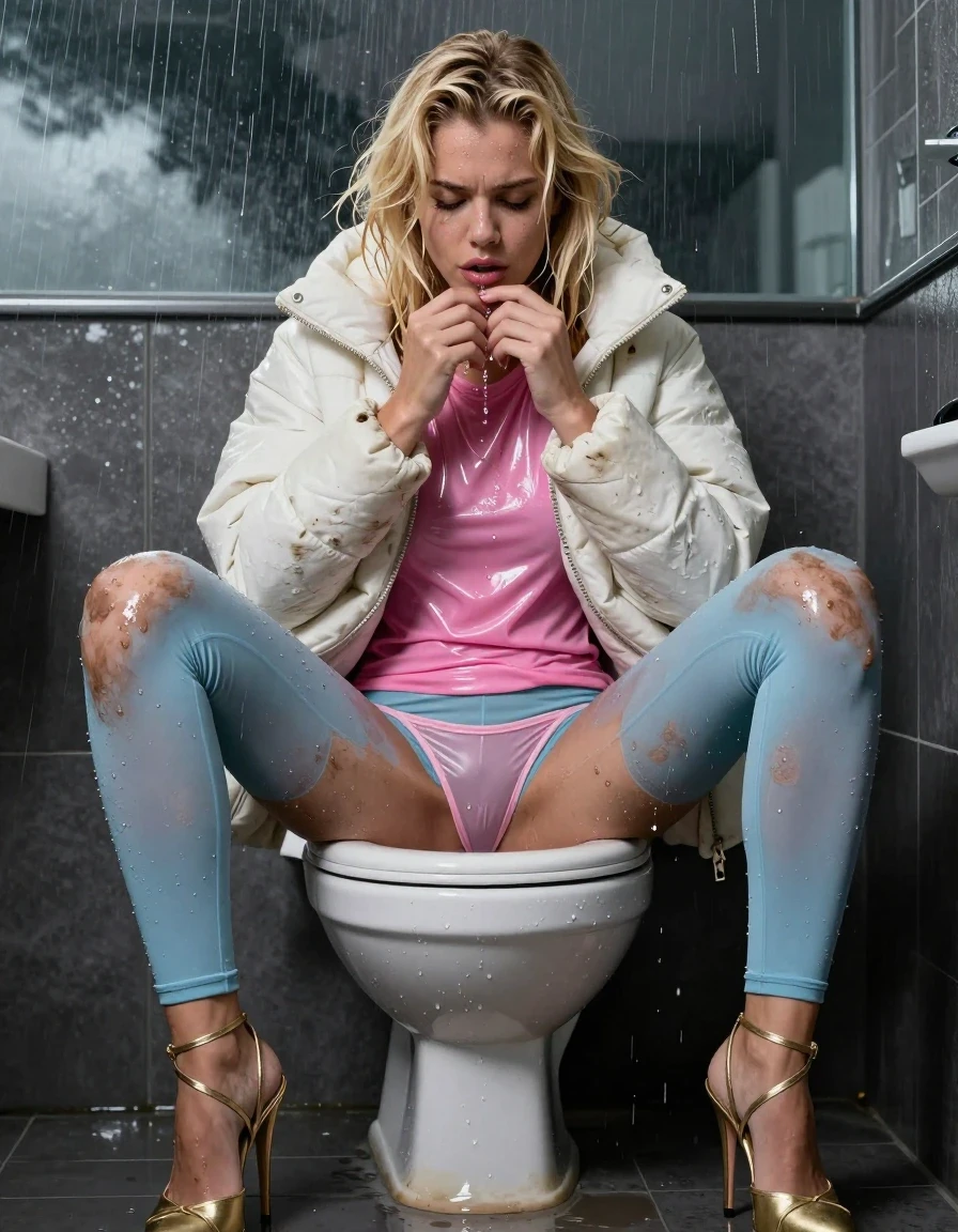 photo of young woman, in soaking wet, drenched clothes,
Strappy gold stilettos, Dirty pale blue leggings , Very muddy white puffer jacket , shiny pink t-shirt , On toilet, legs apart, peeing in panties, 
enjoying, wet clothes stuck to body,
detailed textures of the wet clothes, wet face, wet plastered hair,
wet, drenched, professional, high-quality details, full body view.
sharp focus, ultra-high pixel detail, realistic, high-quality, full colors, incredibly detailed, 4k, 8k, 16k, hyper-realistic, RAW photo, masterpiece, ultra-detailed, professionally color graded, professional photograph, Blonde, in thunder storm, wet skin, wet clothes, wet skin, wet clothes, damp fabric