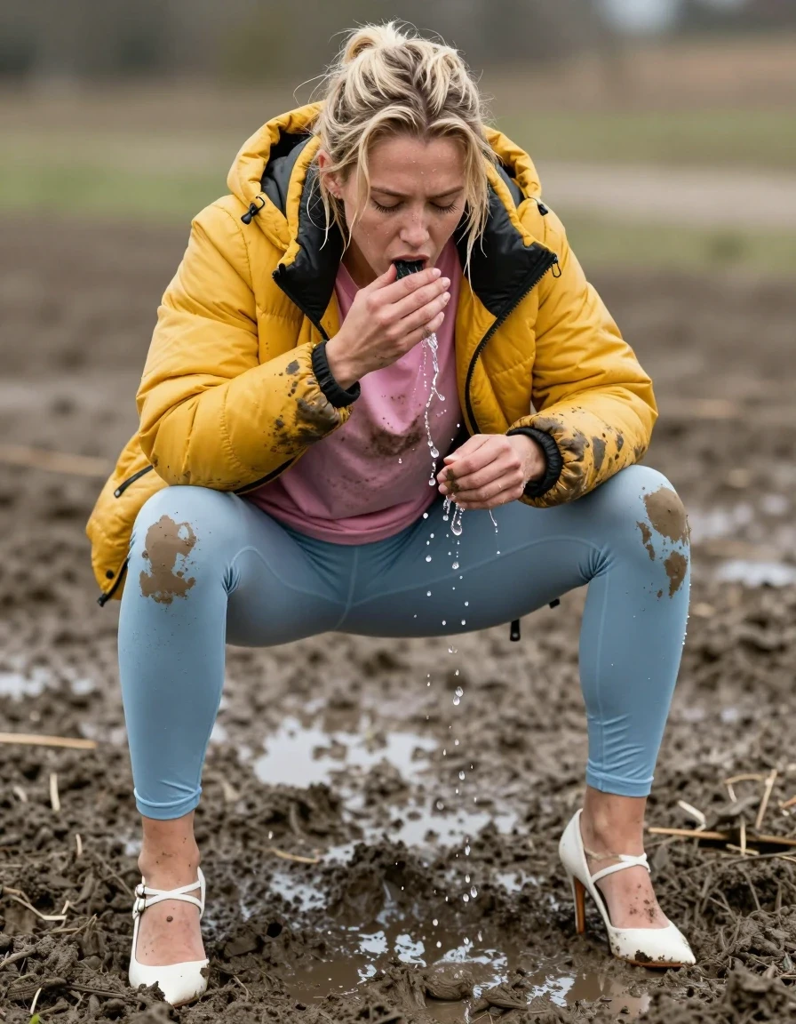 photo of young woman, in soaking wet, drenched clothes,
Strappy white stilettos, Dirty pale blue leggings , Very muddy yellow puffer jacket , dirty pink t-shirt , In deep mud, legs apart, peeing in clothes , 
enjoying, wet clothes stuck to body,
detailed textures of the wet clothes, wet face, wet plastered hair,
wet, drenched, professional, high-quality details, full body view.
sharp focus, ultra-high pixel detail, realistic, high-quality, full colors, incredibly detailed, 4k, 8k, 16k, hyper-realistic, RAW photo, masterpiece, ultra-detailed, professionally color graded, professional photograph, Blonde, wet skin, wet clothes, damp fabric