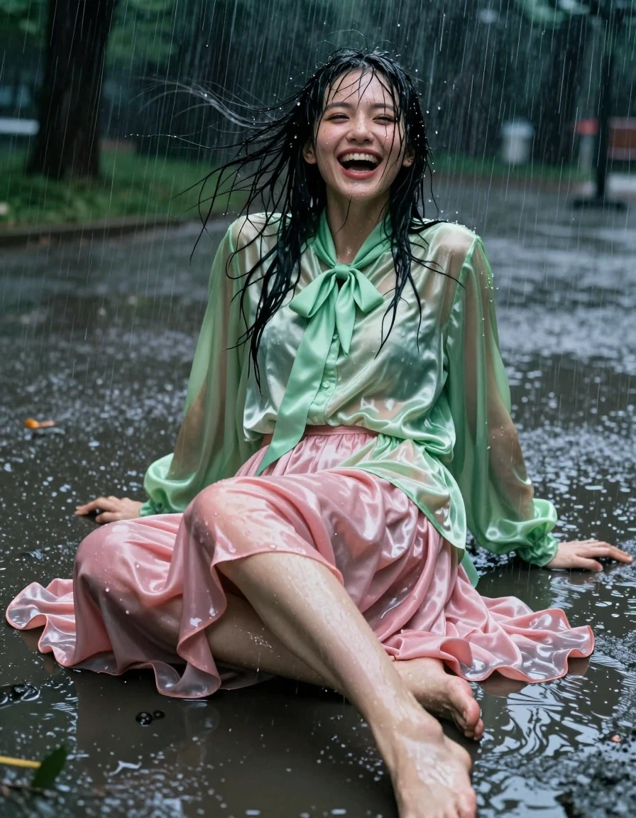 A photorealistic, hyper-detailed shot of a nerdy young adult European woman in an empty park at night during a torrential downpour with huge, swirling winds. She is laying in a shallow, murky puddle on the ground, her body completely drenched. She wears a vivid light green satin long-sleeved oversized shirt with a bowtie, the fabric clinging tightly to her skin, translucent and heavy with water, showing deep saturated green tones and glossy highlights. Beneath, she wears a pink silk floor-length skirt layered over a voluminous petticoat, the silk soaked through, clinging to her legs, with heavy, dark, water-laden folds and a high-sheen wet texture. Her bare feet are exposed, skin pale and glistening with rainwater. Her expression is one of intense, ecstatic pleasure, caught in the storm while having an orgasm, her hair plastered to her face and shoulders by the rain, skin shimmering with water droplets and a slick, wet sheen. The environment is dark and atmospheric, illuminated by dim, moody ambient light reflecting off the rain-slicked ground and the heavy, saturated fabric of her clothes. 8k resolution, cinematic lighting, sharp focus on skin texture and fabric cling, high-contrast wet-look aesthetic.