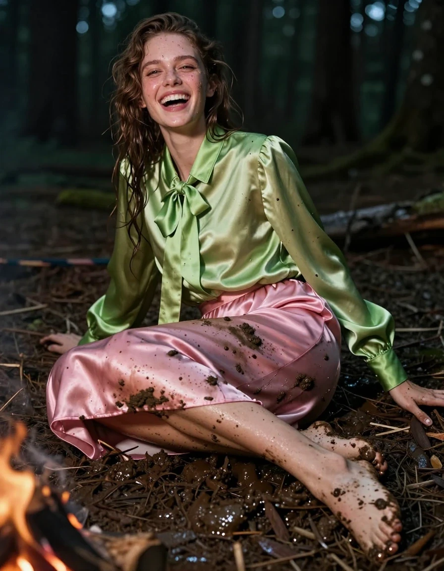 A photorealistic full-body shot of a young adult European woman with a nerdy aesthetic, caught wild camping in a dark forest at night. She has fallen into thick, dark mud, appearing joyful and laughing, with mud splattered across her skin and hair. She is wearing a vivid light green satin long-sleeved oversized shirt with a bowtie, and a pink silk floor-length skirt. The fabrics are heavily soaked, clinging to her body with realistic weight, dark saturated patches, and glossy, high-specular sheen from the moisture. She is barefoot, with mud-caked feet and legs. The atmosphere is damp and moody, illuminated by the soft, directional glow of a nearby campfire that catches the wet textures of her clothes and skin. High-detail photography, cinematic lighting, visible fabric folds, realistic wetness, sharp focus on textures, 8k resolution.