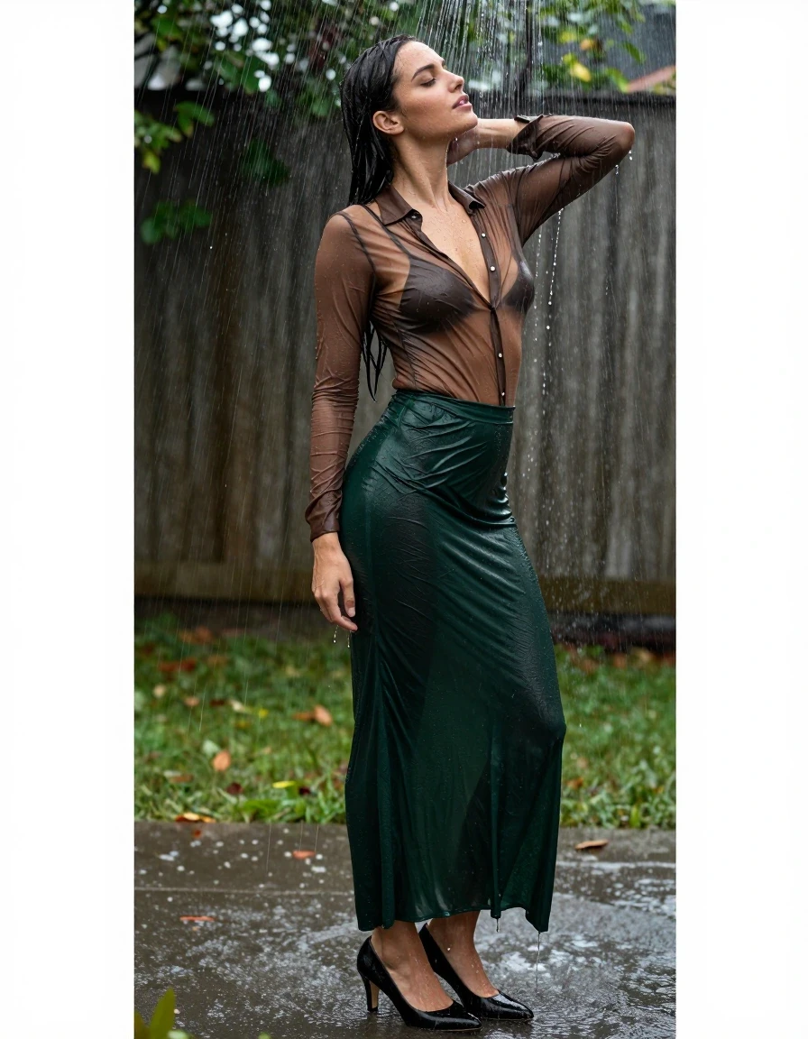 photo of young woman, in soaking wet, drenched clothes,
pumps, dark green oversized floor-length skirt, see-through, brown slim floor-length blouse, see-through, standing in shower, rain, 
enjoying, wet clothes stuck to body,
detailed textures of the wet clothes, wet face, wet plastered hair,
wet, drenched, professional, high-quality details, full body view.
sharp focus, ultra-high pixel detail, realistic, high-quality, full colors, incredibly detailed, 4k, 8k, 16k, hyper-realistic, RAW photo, masterpiece, ultra-detailed, professionally color graded, professional photograph, collar, long sleeves, buttoned, wet clinging hair, long hair, drenched, dripping wet, submerged, full body view, see-through, side view, wet skin, wet clothes, damp fabric