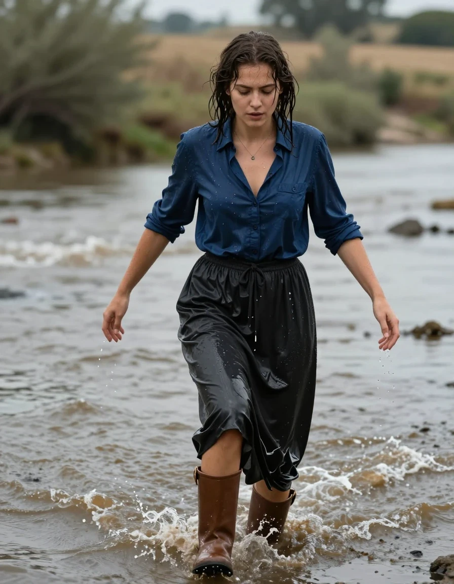 photo of young woman, in soaking wet, drenched clothes,
brown boots, floor-length cotton black skirt, deep blue man's buttoned-down shirt, trampling in a muddy river, 
enjoying, wet clothes stuck to body,
detailed textures of the wet clothes, wet face, wet plastered hair,
wet, drenched, professional, high-quality details, full body view.
sharp focus, ultra-high pixel detail, realistic, high-quality, full colors, incredibly detailed, 4k, 8k, 16k, hyper-realistic, RAW photo, masterpiece, ultra-detailed, professionally color graded, professional photograph, wet skin, wet clothes, damp fabric