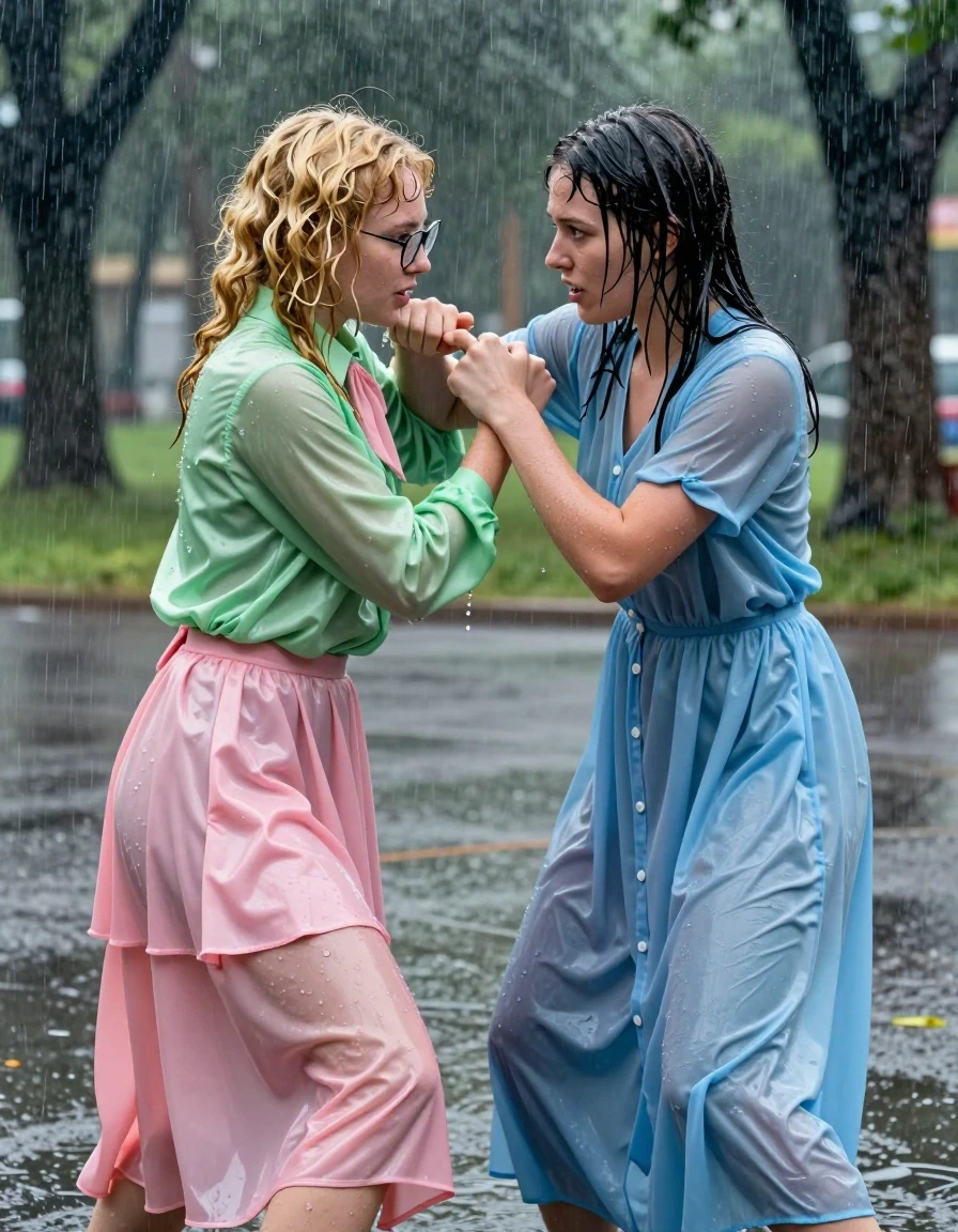 A photorealistic action shot of two young adult European women wrestling in an empty park during a torrential downpour. The first woman is blonde with curly hair and glasses, wearing a vivid light green satin long-sleeved oversized shirt with a pink bowtie, paired with a pink silk floor-length skirt layered over multiple petticoats. The second woman is a brunette wearing a light blue long-sleeved buttoned-down maxi dress. Both women have wet skin, soaked hair, and clothes that are drenched, heavy, and clinging to their bodies, with fabric textures darkened by intense water saturation. The scene captures the physical struggle between the pair amidst the rain, with water sheen visible on their skin and faces. The environment features a rain-swept park with blurred trees and wet pavement in the background. Cinematic lighting, captured with a high-shutter-speed camera, sharp focus on the subjects, realistic water droplets, heavy wet fabric folds, clinging silhouette, atmospheric depth, highly detailed skin texture.