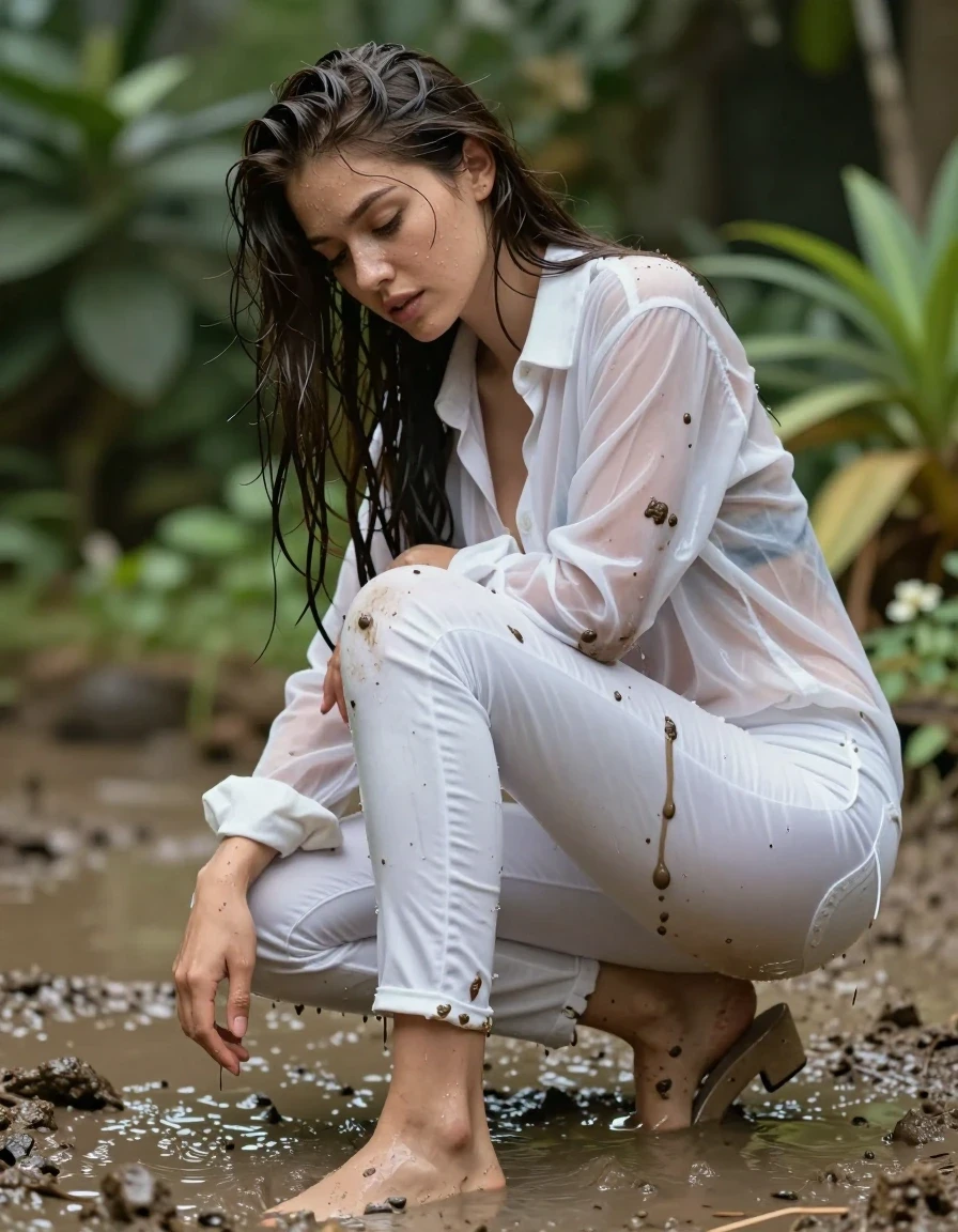 photo of young woman, in soaking wet, drenched clothes,
pumps, dark white slim floor-length silk jeans, see-through, dark white oversized long blouse, see-through, garden, mud shower, 
enjoying, wet clothes stuck to body,
detailed textures of the wet clothes, wet face, wet plastered hair,
wet, drenched, professional, high-quality details, full body view.
sharp focus, ultra-high pixel detail, realistic, high-quality, full colors, incredibly detailed, 4k, 8k, 16k, hyper-realistic, RAW photo, masterpiece, ultra-detailed, professionally color graded, professional photograph, collar, long sleeves, buttoned,muddy wet hair, long hair, muddy clothes, submerged, full body view, see-through, side view, muddy clothes, wet skin, wet clothes, damp fabric