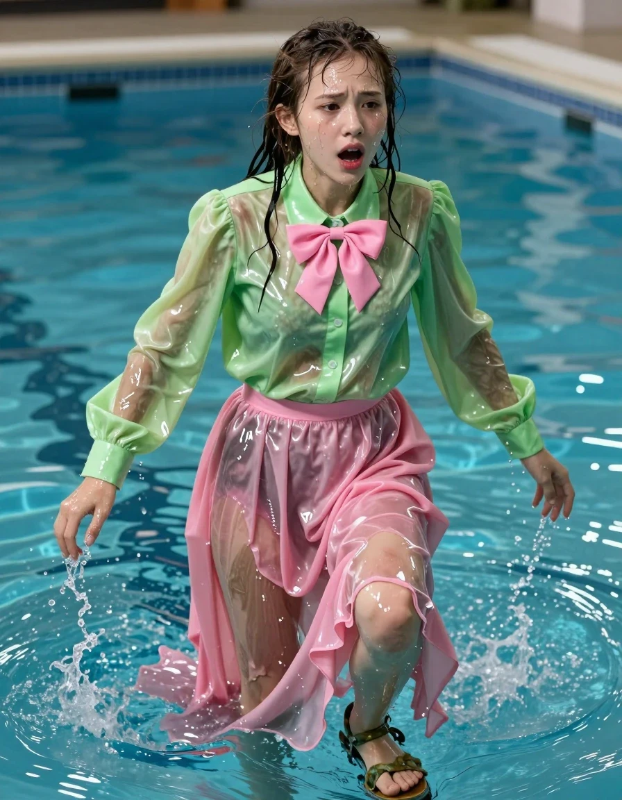 A photorealistic medium shot of a nerdy young adult European woman with wet, matted hair and glistening, water-slicked skin, gasping for air while emerging from a pool. She is wearing a vivid light green satin long-sleeved oversized shirt that is soaked through, clinging to her frame and showing deep, dark translucent patches, adorned with a saturated, heavy pink bowtie. Beneath this, she wears a pink silk floor-length skirt layered over multiple petticoats, the fabric heavy and sodden, dragging with water weight, clinging to her legs, and displaying rich, dark-toned wet folds and high-sheen specular reflections. Her feet are visible, clad in ruined, water-logged sandals. The environment is the edge of a swimming pool with water droplets and splashes caught in motion. Cinematic lighting highlights the wet textures and fabric saturation, captured with high-detail photographic precision, sharp focus on the facial expression of sudden exertion, and realistic light refraction through the water.