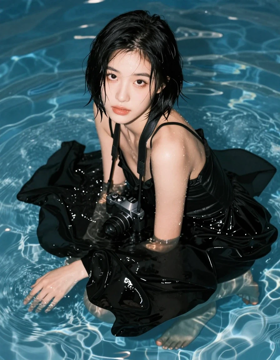 A photorealistic portrait of a petite 25-year-old Korean woman with light warm skin, dark brown eyes, and a sleek jet black asymmetrical bob haircut. She is waist-deep in a pool, her skin and hair glistening with realistic wetness, water sheen, and clinging droplets. She is wearing a floor-length black dress with an asymmetrical hem; the fabric is heavily soaked, clinging to her submerged form with deep, dark, saturated tones, visible heavy wet folds, and strong specular reflections where the material catches the light. She is barefoot. One hand is trailing gracefully in the water, and a film camera hangs around her neck, partially submerged. She looks directly at the camera with a composed, artistic, and confident gaze, appearing creative and completely in her element. The lighting is soft and cinematic, highlighting the water's surface texture and the wet fabric. Shot on 35mm film, sharp focus on her eyes, shallow depth of field, high-resolution photographic detail.