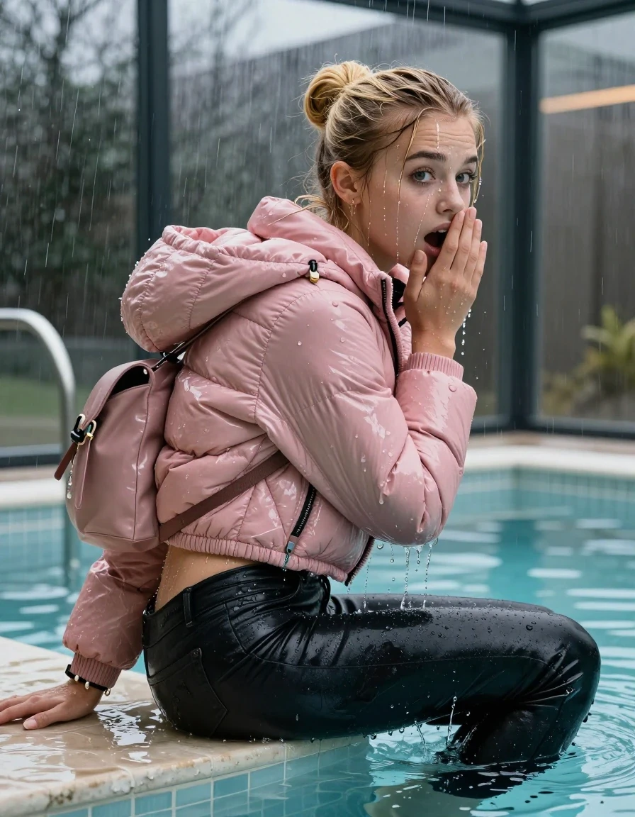photo of young woman, in soaking wet, drenched clothes,
, Dark skinny jeans, Pink moncler shiny puffer down jacket, Open jacket, tight v-neck sweater, shoulderbag, pearl necklace, bracelet, wristwatch, Steaming indoor jacuzzi , 
enjoying, wet clothes stuck to body,
detailed textures of the wet clothes, wet face, wet plastered hair,
wet, drenched, professional, high-quality details, full body view.
sharp focus, ultra-high pixel detail, realistic, high-quality, full colors, incredibly detailed, 4k, 8k, 16k, hyper-realistic, RAW photo, masterpiece, ultra-detailed, professionally color graded, professional photograph, A realistic vertical fashion photograph taken from a backward, behind-the-back angle of a 15-year-old teenage girl sitting  in a glass-walled outdoor swimming pool and dive into the water, facing to the camera to show her back. She is tilting her head at camera, letting the water drench her hair so it is glued flat against her head and body. She has blonde sleek bun  completely saturated and dripping wet hair, with water cascading down her face and neck. Afraid and astonished expression. open mouth, big eyes. She holds a Hand over her mouth. The lighting is bright and cinematic, highlighting the glistening water droplets on her skin and the saturated texture of her  casual clothes. Outside the large glass wall of the pool building, heavy rain is visible falling against the window. Soft, moody indoor lighting with reflections on the water. High-quality fashion photography style.
her clothing is soaking wet and clinging tightly to her skin, showing heavy wet folds, darkened fabric texture, and deep water-saturated Patches, her clothes are heavy from the water, water runs from her body and her clothes in streams. A lot of water also runs out of her clothes. Her clothes are darkened by the water. 
hyper-realistic wetness, high-contrast water sheen, sharp focus, 16k resolution, professional photography, realistic water physics., wet skin, wet clothes, damp fabric, wet skin, wet clothes, damp fabric, wet skin, wet clothes, damp fabric, wet skin, wet clothes, damp fabric, wet skin, wet clothes, damp fabric, wet skin, wet clothes, damp fabric, wet skin, wet clothes, damp fabric, wet skin, wet clothes, damp fabric, wet skin, wet clothes, damp fabric, wet skin, wet clothes, damp fabric, wet skin, wet clothes, damp fabric, wet skin, wet clothes, damp fabric, wet skin, wet clothes, damp fabric, wet skin, wet clothes, damp fabric, wet skin, wet clothes, damp fabric, wet skin, wet clothes, damp fabric