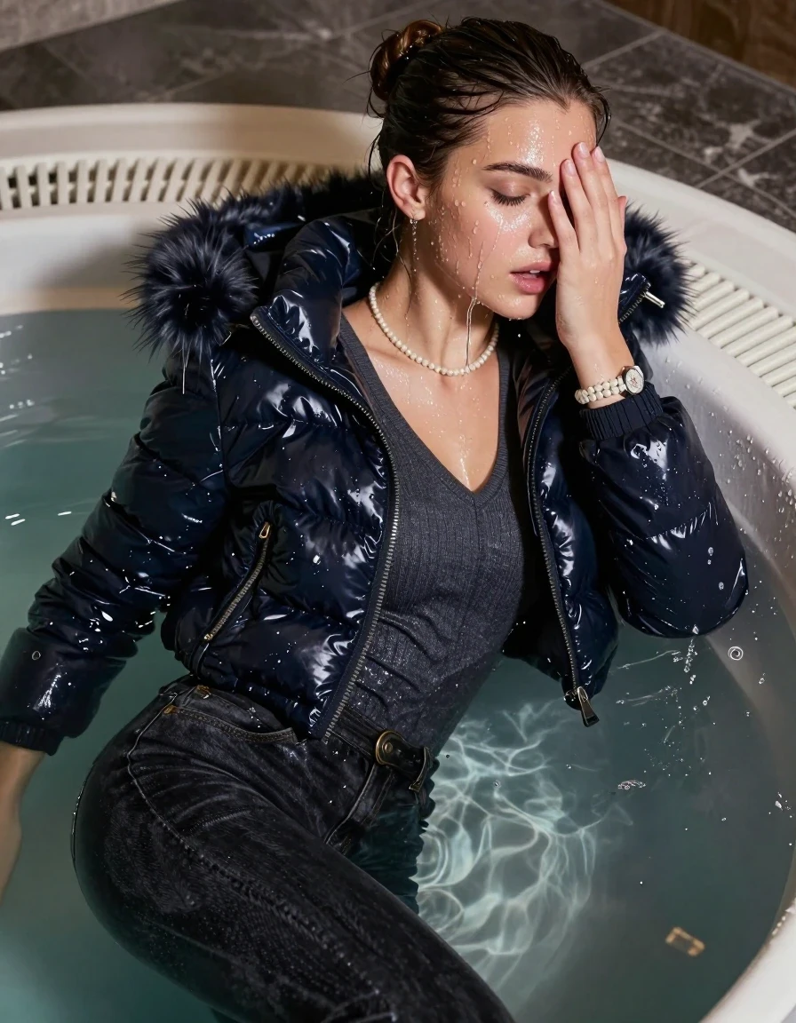 photo of young woman, in soaking wet, drenched clothes,
, Dark skinny jeans, Moncler shiny puffer down jacket with fur, Open jacket, tight v-neck sweater, shoulderbag, pearl necklace, bracelet, wristwatch, Steaming indoor jacuzzi , 
enjoying, wet clothes stuck to body,
detailed textures of the wet clothes, wet face, wet plastered hair,
wet, drenched, professional, high-quality details, full body view.
sharp focus, ultra-high pixel detail, realistic, high-quality, full colors, incredibly detailed, 4k, 8k, 16k, hyper-realistic, RAW photo, masterpiece, ultra-detailed, professionally color graded, professional photograph, A realistic vertical fashion photograph taken from a backward, behind-the-back angle of a 15-year-old teenage girl lying in a steaming indoor jacuzzi, facing to the camera to show her back. She is tilting her head at camera, letting the water drench her hair so it is glued flat against her head and body. She has a sleek bun , completely saturated and dripping wet hair, with water cascading down her face and neck. cover her whole face with her hands. open mouth, half closed eyes. The lighting is bright and cinematic, highlighting the glistening water droplets on her skin and the saturated texture of her  casual clothes.
her clothing is soaking wet and clinging tightly to her skin, showing heavy wet folds, darkened fabric texture, and deep water-saturated Patches, her clothes are heavy from the water, water runs from her body and her clothes in streams. A lot of water also runs out of her clothes. Her clothes are darkened by the water. 
hyper-realistic wetness, high-contrast water sheen, sharp focus, 16k resolution, professional photography, realistic water physics., wet skin, wet clothes, damp fabric, wet skin, wet clothes, damp fabric, wet skin, wet clothes, damp fabric, wet skin, wet clothes, damp fabric, wet skin, wet clothes, damp fabric, wet skin, wet clothes, damp fabric, wet skin, wet clothes, damp fabric, wet skin, wet clothes, damp fabric, wet skin, wet clothes, damp fabric, wet skin, wet clothes, damp fabric, wet skin, wet clothes, damp fabric, wet skin, wet clothes, damp fabric, wet skin, wet clothes, damp fabric