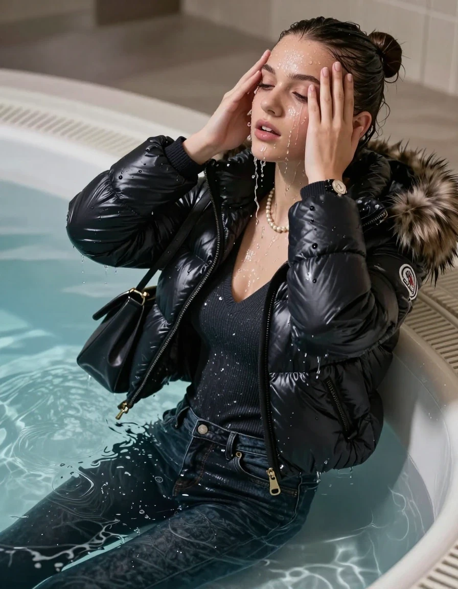 photo of young woman, in soaking wet, drenched clothes,
, Dark skinny jeans, Moncler shiny puffer down jacket with fur, Open jacket, tight v-neck sweater, shoulderbag, pearl necklace, bracelet, wristwatch, Steaming indoor jacuzzi , 
enjoying, wet clothes stuck to body,
detailed textures of the wet clothes, wet face, wet plastered hair,
wet, drenched, professional, high-quality details, full body view.
sharp focus, ultra-high pixel detail, realistic, high-quality, full colors, incredibly detailed, 4k, 8k, 16k, hyper-realistic, RAW photo, masterpiece, ultra-detailed, professionally color graded, professional photograph, A realistic vertical fashion photograph taken from a backward, behind-the-back angle of a 15-year-old teenage girl lying in a steaming indoor jacuzzi, facing to the camera to show her back. She is tilting her head at camera, letting the water drench her hair so it is glued flat against her head and body. She has a sleek bun , completely saturated and dripping wet hair, with water cascading down her face and neck. cover her whole face with her hands. open mouth, half closed eyes. The lighting is bright and cinematic, highlighting the glistening water droplets on her skin and the saturated texture of her  casual clothes.
her clothing is soaking wet and clinging tightly to her skin, showing heavy wet folds, darkened fabric texture, and deep water-saturated Patches, her clothes are heavy from the water, water runs from her body and her clothes in streams. A lot of water also runs out of her clothes. Her clothes are darkened by the water. 
hyper-realistic wetness, high-contrast water sheen, sharp focus, 16k resolution, professional photography, realistic water physics., wet skin, wet clothes, damp fabric, wet skin, wet clothes, damp fabric, wet skin, wet clothes, damp fabric, wet skin, wet clothes, damp fabric, wet skin, wet clothes, damp fabric, wet skin, wet clothes, damp fabric, wet skin, wet clothes, damp fabric, wet skin, wet clothes, damp fabric, wet skin, wet clothes, damp fabric, wet skin, wet clothes, damp fabric, wet skin, wet clothes, damp fabric, wet skin, wet clothes, damp fabric, wet skin, wet clothes, damp fabric