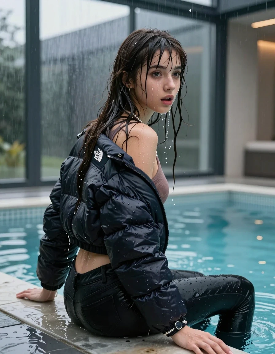 photo of young woman, in soaking wet, drenched clothes,
, Dark skinny jeans,  north face puffer down jacket, Open jacket, tight v-neck sweater, shoulderbag, pearl necklace, bracelet, wristwatch, Steaming indoor jacuzzi , 
enjoying, wet clothes stuck to body,
detailed textures of the wet clothes, wet face, wet plastered hair,
wet, drenched, professional, high-quality details, full body view.
sharp focus, ultra-high pixel detail, realistic, high-quality, full colors, incredibly detailed, 4k, 8k, 16k, hyper-realistic, RAW photo, masterpiece, ultra-detailed, professionally color graded, professional photograph, A realistic vertical fashion photograph taken from a backward, behind-the-back angle of a 15-year-old teenage girl sitting  in a glass-walled outdoor swimming pool and want to Go back in the water, facing to the camera to show her back. She is tilting her head at camera, letting the water drench her hair so it is glued flat against her head and body. She has sleek long straight hair with birkin bangs completely saturated and dripping wet hair, with water cascading down her face and neck. Afraid and astonished expression. open mouth, big eyes. The lighting is bright and cinematic, highlighting the glistening water droplets on her skin and the saturated texture of her  casual clothes. Outside the large glass wall of the pool building, heavy rain is visible falling against the window. Soft, moody indoor lighting with reflections on the water. High-quality fashion photography style.
her clothing is soaking wet and clinging tightly to her skin, showing heavy wet folds, darkened fabric texture, and deep water-saturated Patches, her clothes are heavy from the water, water runs from her body and her clothes in streams. A lot of water also runs out of her clothes. Her clothes are darkened by the water. 
hyper-realistic wetness, high-contrast water sheen, sharp focus, 16k resolution, professional photography, realistic water physics., wet skin, wet clothes, damp fabric, wet skin, wet clothes, damp fabric, wet skin, wet clothes, damp fabric, wet skin, wet clothes, damp fabric, wet skin, wet clothes, damp fabric, wet skin, wet clothes, damp fabric, wet skin, wet clothes, damp fabric, wet skin, wet clothes, damp fabric, wet skin, wet clothes, damp fabric, wet skin, wet clothes, damp fabric, wet skin, wet clothes, damp fabric, wet skin, wet clothes, damp fabric, wet skin, wet clothes, damp fabric, wet skin, wet clothes, damp fabric, wet skin, wet clothes, damp fabric