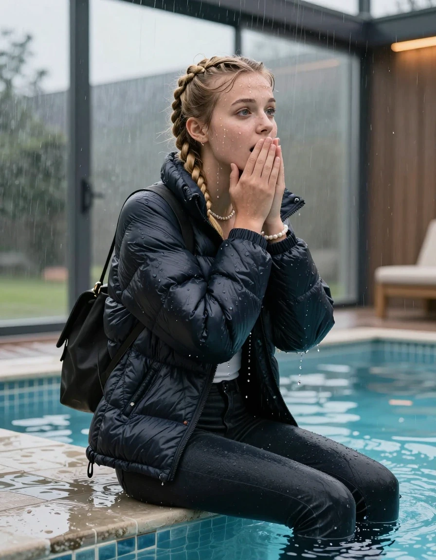 photo of young woman, in soaking wet, drenched clothes,
, Dark skinny jeans,  north face puffer down jacket, Open jacket, tight v-neck sweater, shoulderbag, pearl necklace, bracelet, wristwatch, Steaming indoor jacuzzi , 
enjoying, wet clothes stuck to body,
detailed textures of the wet clothes, wet face, wet plastered hair,
wet, drenched, professional, high-quality details, full body view.
sharp focus, ultra-high pixel detail, realistic, high-quality, full colors, incredibly detailed, 4k, 8k, 16k, hyper-realistic, RAW photo, masterpiece, ultra-detailed, professionally color graded, professional photograph, A realistic vertical fashion photograph taken from a backward, behind-the-back angle of a 15-year-old teenage girl sitting  in a glass-walled outdoor swimming pool and want to Go back in the water, facing to the camera to show her back. She is tilting her head at camera, letting the water drench her hair so it is glued flat against her head and body. She has two blonde long braids , completely saturated and dripping wet hair, with water cascading down her face and neck. Afraid and astonished expression. cover her mouth with her hands. open mouth, big eyes. The lighting is bright and cinematic, highlighting the glistening water droplets on her skin and the saturated texture of her  casual clothes. Outside the large glass wall of the pool building, heavy rain is visible falling against the window. Soft, moody indoor lighting with reflections on the water. High-quality fashion photography style.
her clothing is soaking wet and clinging tightly to her skin, showing heavy wet folds, darkened fabric texture, and deep water-saturated Patches, her clothes are heavy from the water, water runs from her body and her clothes in streams. A lot of water also runs out of her clothes. Her clothes are darkened by the water. 
hyper-realistic wetness, high-contrast water sheen, sharp focus, 16k resolution, professional photography, realistic water physics., wet skin, wet clothes, damp fabric, wet skin, wet clothes, damp fabric, wet skin, wet clothes, damp fabric, wet skin, wet clothes, damp fabric, wet skin, wet clothes, damp fabric, wet skin, wet clothes, damp fabric, wet skin, wet clothes, damp fabric, wet skin, wet clothes, damp fabric, wet skin, wet clothes, damp fabric, wet skin, wet clothes, damp fabric, wet skin, wet clothes, damp fabric, wet skin, wet clothes, damp fabric, wet skin, wet clothes, damp fabric, wet skin, wet clothes, damp fabric, wet skin, wet clothes, damp fabric