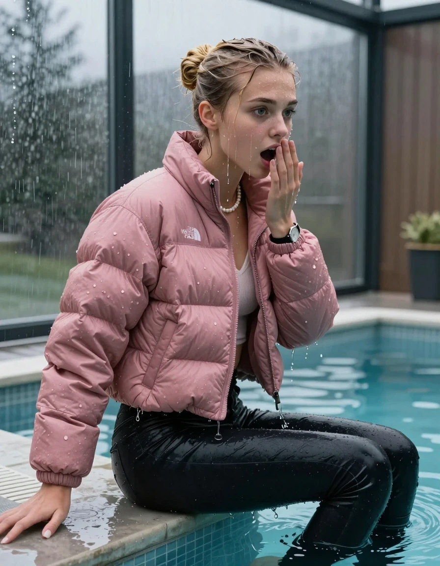photo of young woman, in soaking wet, drenched clothes,
, Dark skinny jeans, Pink  north face puffer down jacket, Open jacket, tight v-neck sweater, shoulderbag, pearl necklace, bracelet, wristwatch, Steaming indoor jacuzzi , 
enjoying, wet clothes stuck to body,
detailed textures of the wet clothes, wet face, wet plastered hair,
wet, drenched, professional, high-quality details, full body view.
sharp focus, ultra-high pixel detail, realistic, high-quality, full colors, incredibly detailed, 4k, 8k, 16k, hyper-realistic, RAW photo, masterpiece, ultra-detailed, professionally color graded, professional photograph, A realistic vertical fashion photograph taken from a backward, behind-the-back angle of a 15-year-old teenage girl sitting  in a glass-walled outdoor swimming pool and dive into the water, facing to the camera to show her back. She is tilting her head at camera, letting the water drench her hair so it is glued flat against her head and body. She has blonde sleek bun  completely saturated and dripping wet hair, with water cascading down her face and neck. Afraid and astonished expression. open mouth, big eyes. She holds a Hand over her mouth. The lighting is bright and cinematic, highlighting the glistening water droplets on her skin and the saturated texture of her  casual clothes. Outside the large glass wall of the pool building, heavy rain is visible falling against the window. Soft, moody indoor lighting with reflections on the water. High-quality fashion photography style.
her clothing is soaking wet and clinging tightly to her skin, showing heavy wet folds, darkened fabric texture, and deep water-saturated Patches, her clothes are heavy from the water, water runs from her body and her clothes in streams. A lot of water also runs out of her clothes. Her clothes are darkened by the water. 
hyper-realistic wetness, high-contrast water sheen, sharp focus, 16k resolution, professional photography, realistic water physics., wet skin, wet clothes, damp fabric, wet skin, wet clothes, damp fabric, wet skin, wet clothes, damp fabric, wet skin, wet clothes, damp fabric, wet skin, wet clothes, damp fabric, wet skin, wet clothes, damp fabric, wet skin, wet clothes, damp fabric, wet skin, wet clothes, damp fabric, wet skin, wet clothes, damp fabric, wet skin, wet clothes, damp fabric, wet skin, wet clothes, damp fabric, wet skin, wet clothes, damp fabric, wet skin, wet clothes, damp fabric, wet skin, wet clothes, damp fabric, wet skin, wet clothes, damp fabric, wet skin, wet clothes, damp fabric