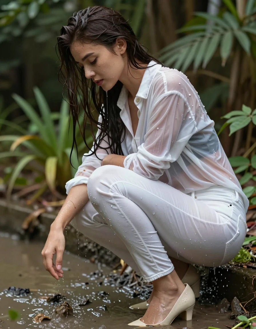 photo of young woman, in soaking wet, drenched clothes,
pumps, dark white slim floor-length silk jeans, see-through, dark white oversized long blouse, see-through, garden, mud rolling, 
enjoying, wet clothes stuck to body,
detailed textures of the wet clothes, wet face, wet plastered hair,
wet, drenched, professional, high-quality details, full body view.
sharp focus, ultra-high pixel detail, realistic, high-quality, full colors, incredibly detailed, 4k, 8k, 16k, hyper-realistic, RAW photo, masterpiece, ultra-detailed, professionally color graded, professional photograph, collar, long sleeves, buttoned, wet clinging hair, long hair, drenched, dripping wet, submerged, full body view, see-through, side view, wet skin, wet clothes, damp fabric