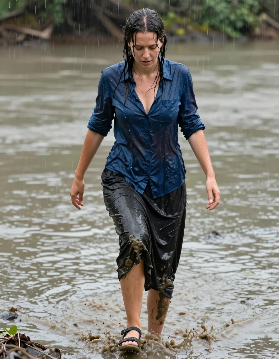 photo of young woman, in soaking wet, drenched clothes,
ruined sandals, floor-length cotton black skirt. petticoat, deep blue men's buttoned-down shirt, trampling in a muddy river, caked in mud, 
enjoying, wet clothes stuck to body,
detailed textures of the wet clothes, wet face, wet plastered hair,
wet, drenched, professional, high-quality details, full body view.
sharp focus, ultra-high pixel detail, realistic, high-quality, full colors, incredibly detailed, 4k, 8k, 16k, hyper-realistic, RAW photo, masterpiece, ultra-detailed, professionally color graded, professional photograph, nerdy, exhausted, heavy rain, wet skin, wet clothes, damp fabric
