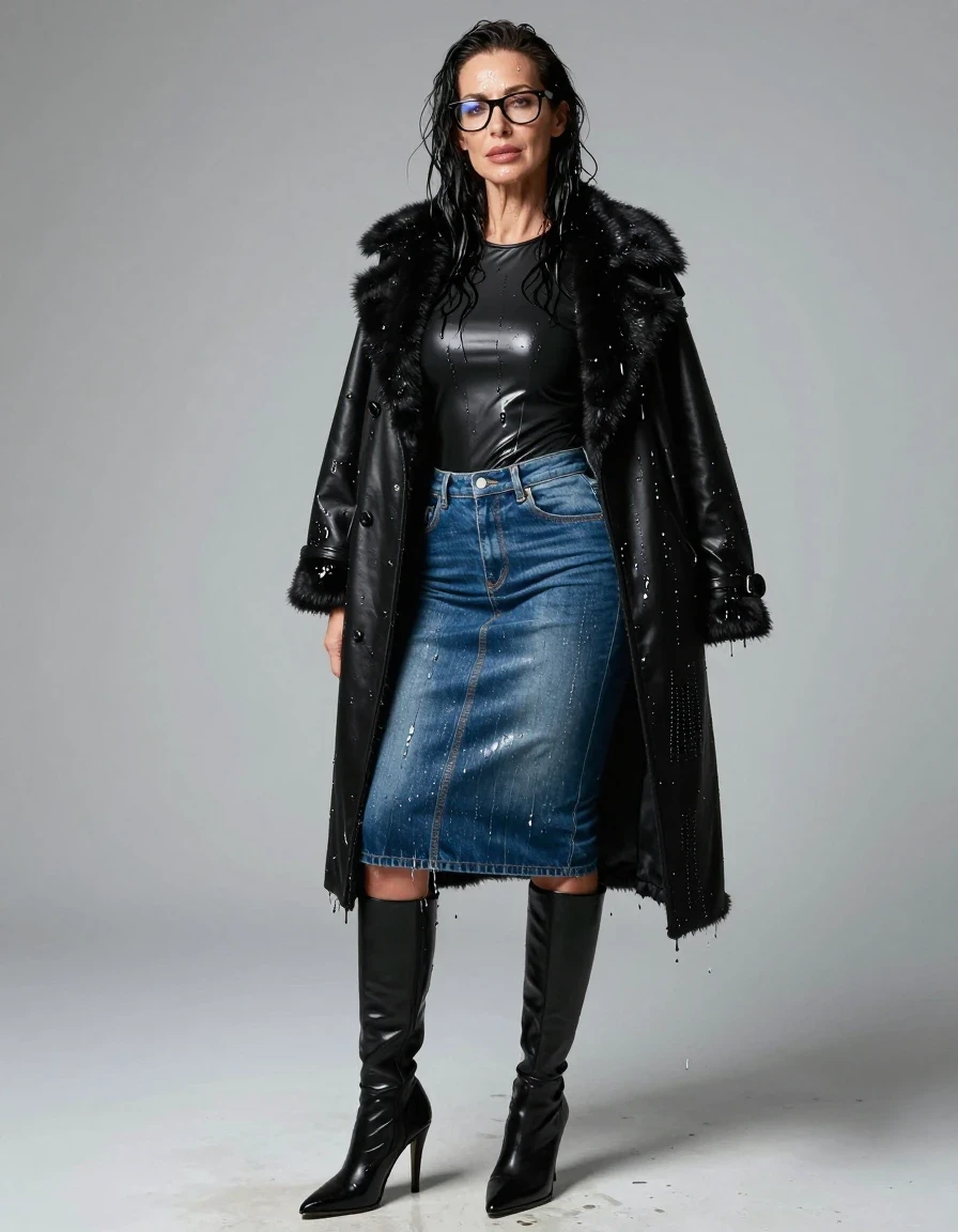 photo of young woman, in soaking wet, drenched clothes,
high heels black boots, long blue tight leather denim skirt, long black tight leather t-shirt, maxi black leather byker jacket with fur, enjoying wet clothes stuck body, enjoying, wet clothes stuck to body, 
enjoying, wet clothes stuck to body,
detailed textures of the wet clothes, wet face, wet plastered hair,
wet, drenched, professional, high-quality details, full body view.
sharp focus, ultra-high pixel detail, realistic, high-quality, full colors, incredibly detailed, 4k, 8k, 16k, hyper-realistic, RAW photo, masterpiece, ultra-detailed, professionally color graded, professional photograph, europen brunette skinny woman 50 years old, long dark black hair, office glasses, very big and thick lips, complete body, wet skin, wet clothes, damp fabric, wet skin, wet clothes, damp fabric, wet skin, wet clothes, damp fabric, wet skin, wet clothes, damp fabric, wet skin, wet clothes, damp fabric, wet skin, wet clothes, damp fabric, wet skin, wet clothes, damp fabric