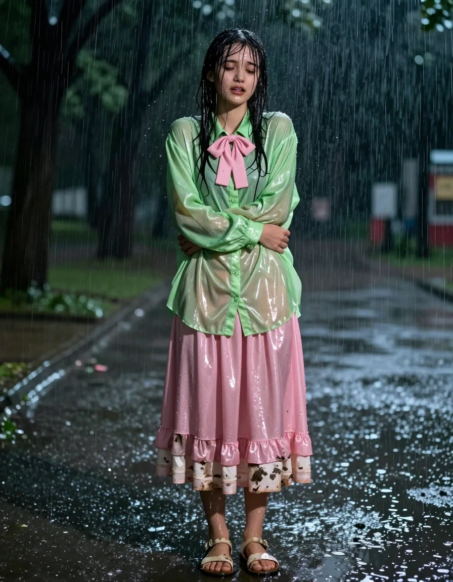 A cinematic, photorealistic full-body shot of a nerdy young adult European woman standing in a huge, empty park at night during a torrential downpour. She appears exhausted and disheveled, with wet skin, damp hair plastered to her face, and a look of genuine enjoyment as she embraces the rain. She is wearing a vivid light green satin long-sleeved oversized shirt with a pink bowtie, and a pink silk floor-length skirt layered over multiple petticoats. The fabric of the shirt and skirt is thoroughly soaked, clinging to her form with heavy, water-saturated folds, darkened hues, and high-gloss specular highlights where the rain hits the material. She wears ruined, mud-streaked sandals on her feet. The environment is dark and moody, with heavy rain visible in the air and deep, reflective puddles on the ground mirroring the ambient light. High-detail photographic style, sharp focus on the textures of the wet fabric and skin, deep contrast, atmospheric lighting, 8k resolution, realistic water physics.