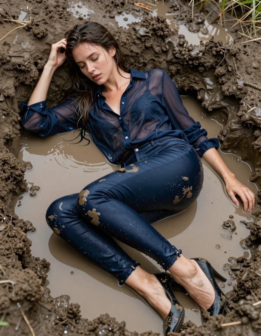 photo of young woman, in soaking wet, drenched clothes,
pumps, muddy dark blue slim floor-length silk jeans, see-through, muddy dark blue oversized long blouse, see-through, mud hole, 
enjoying, wet clothes stuck to body,
detailed textures of the wet clothes, wet face, wet plastered hair,
wet, drenched, professional, high-quality details, full body view.
sharp focus, ultra-high pixel detail, realistic, high-quality, full colors, incredibly detailed, 4k, 8k, 16k, hyper-realistic, RAW photo, masterpiece, ultra-detailed, professionally color graded, professional photograph, lying in muddy water, collar, long sleeves, buttoned,muddy wet hair, long hair, muddy clothes,  full body view, see-through, side view, muddy clothes, wet skin, wet clothes, damp fabric