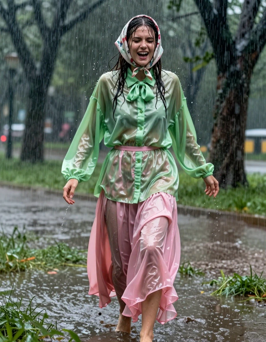A photorealistic full-body shot of a young adult European woman with a nerdy aesthetic, caught in an intense torrential downpour in an empty park during a violent storm with huge winds. She is wearing a vivid light green satin long-sleeved oversized shirt with a bowtie, and a floor-length pink silk skirt layered over multiple petticoats. She is barefoot, with her feet exposed to the wet grass. The torrential rain has soaked her clothing; the silk skirt and petticoats are clinging to her legs, heavy with water, translucent in areas, and dark, saturated pink, while the oversized satin shirt is plastered to her frame, exhibiting deep green tones and high-gloss specular reflections from the downpour. Her hair is plastered to her face and scalp, dripping with water, and she wears a silk headscarf adorned with floral patterns, which is soaked and darkening. Her expression is one of intense, overwhelmed ecstasy, eyes half-closed, caught in the raw elements of the storm. The environment features swirling rain, wind-whipped trees, and a muddy, water-slicked park path. High-contrast cinematic lighting, 8k, hyper-detailed skin texture with water droplets, wet hair strands, realistic atmospheric distortion from the heavy rain, professional photography, sharp focus on the subject.