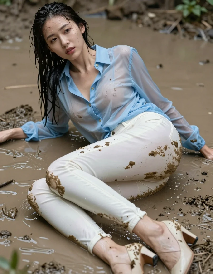 photo of young woman, in soaking wet, drenched clothes,
pumps, muddy white slim floor-length silk jeans, see-through, muddy light blue oversized long blouse, see-through, mud shower, 
enjoying, wet clothes stuck to body,
detailed textures of the wet clothes, wet face, wet plastered hair,
wet, drenched, professional, high-quality details, full body view.
sharp focus, ultra-high pixel detail, realistic, high-quality, full colors, incredibly detailed, 4k, 8k, 16k, hyper-realistic, RAW photo, masterpiece, ultra-detailed, professionally color graded, professional photograph, lying in muddy pool, collar, long sleeves, buttoned, muddy wet hair, long hair, muddy clothes,  full body view, see-through, side view, muddy clothes, drenched clothes, shower, wet skin, wet clothes, damp fabric