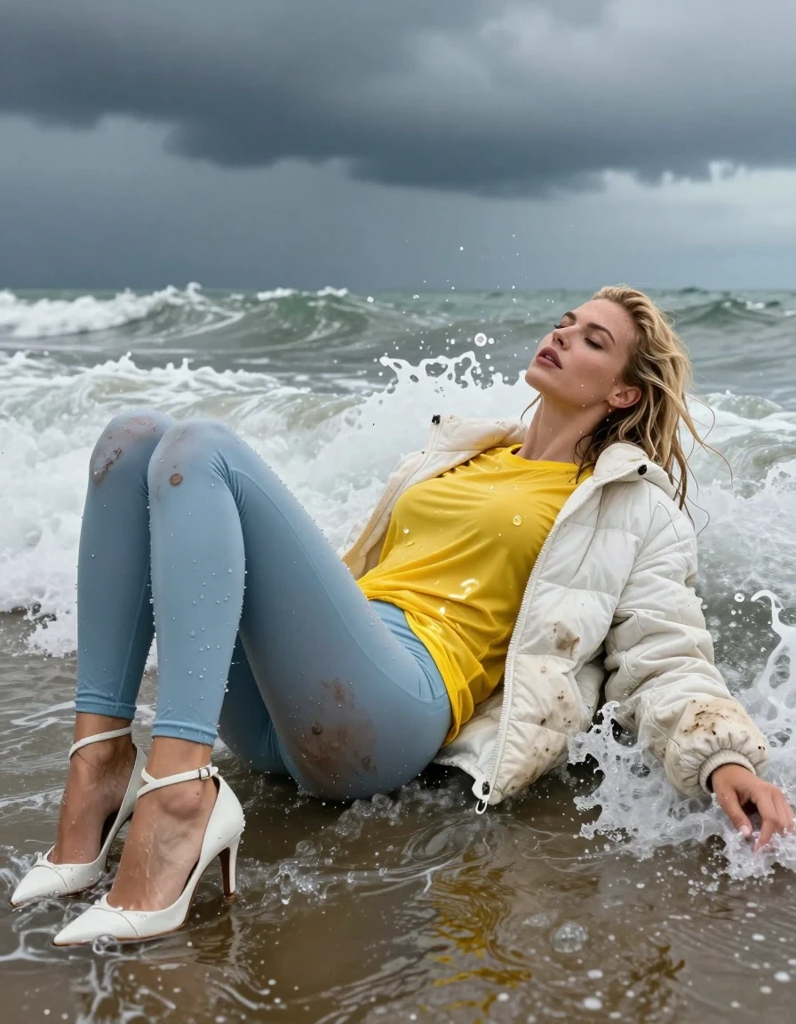 photo of young woman, in soaking wet, drenched clothes,
Strappy white stilettos, Dirty pale blue leggings , Very dirty white puffer jacket , shiny yellow t-shirt , Lying back in surf, 
enjoying, wet clothes stuck to body,
detailed textures of the wet clothes, wet face, wet plastered hair,
wet, drenched, professional, high-quality details, full body view.
sharp focus, ultra-high pixel detail, realistic, high-quality, full colors, incredibly detailed, 4k, 8k, 16k, hyper-realistic, RAW photo, masterpiece, ultra-detailed, professionally color graded, professional photograph, Blonde, in thunder storm, wet skin, wet clothes, wet skin, wet clothes, damp fabric, wet skin, wet clothes, damp fabric