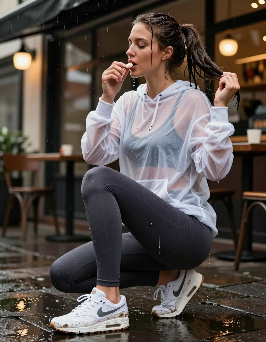 photo of young woman, in soaking wet, drenched clothes,
white sodden nike airmax athletic trainers with muddy water splashes, form-fitting dark charcoal leggings clinging to skin from heavy rain, translucent white oversized wet gym hoodie revealing layers beneath, outdoor cafe frontage with rain-slicked pavement and glowing storefront lights, 
enjoying, wet clothes stuck to body,
detailed textures of the wet clothes, wet face, wet plastered hair,
wet, drenched, professional, high-quality details, full body view.
sharp focus, ultra-high pixel detail, realistic, high-quality, full colors, incredibly detailed, 4k, 8k, 16k, hyper-realistic, RAW photo, masterpiece, ultra-detailed, professionally color graded, professional photograph, candid paparazzi capture, woman wringing out her wet ponytail, water dripping from hemline, hyper-realistic fabric texture, high-speed shutter, 85mm lens, depth of field, natural rainy atmosphere, vibrant moody lighting, wet skin, wet clothes, damp fabric
