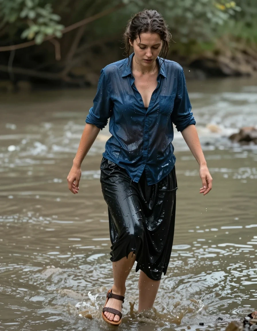 photo of young woman, in soaking wet, drenched clothes,
ruined sandals, floor-length cotton black skirt. petticoat, deep blue men's buttoned-down shirt, trampling in a muddy river, 
enjoying, wet clothes stuck to body,
detailed textures of the wet clothes, wet face, wet plastered hair,
wet, drenched, professional, high-quality details, full body view.
sharp focus, ultra-high pixel detail, realistic, high-quality, full colors, incredibly detailed, 4k, 8k, 16k, hyper-realistic, RAW photo, masterpiece, ultra-detailed, professionally color graded, professional photograph, nerdy, wet skin, wet clothes, damp fabric, wet skin, wet clothes, damp fabric